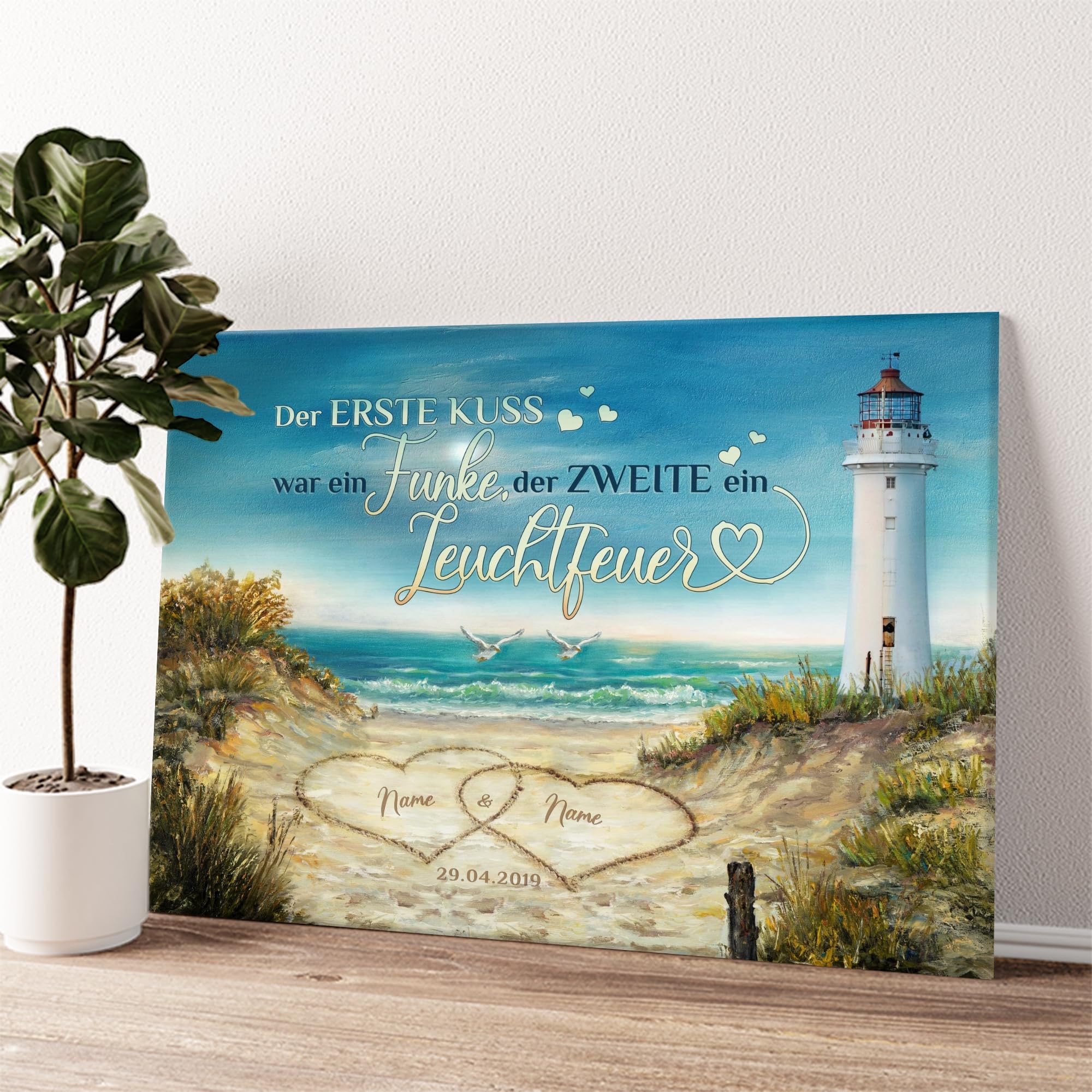 Liebesleinwand Leinwandbild personalisiert | Leinwand gestalten mit Namen und Datum Geschenk für Partner | Leuchtfeuer der Liebe