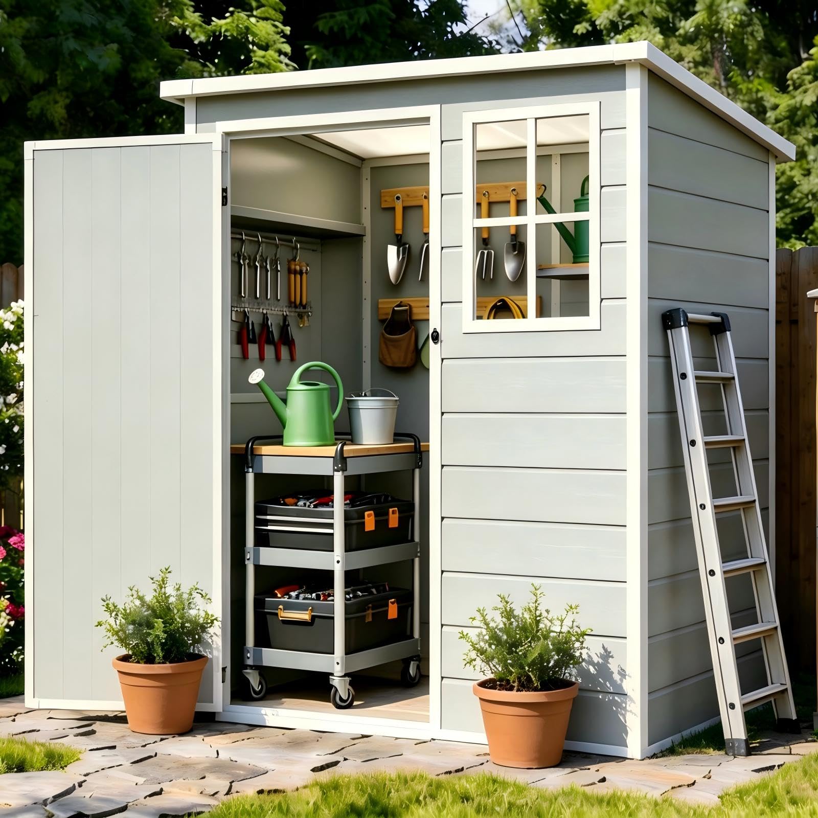 Kunststoff Gerätehaus mit Boden, 138x110.5x182 cm, wetterfestes Gartenhaus mit Fenster & abschließbarer Tür – ideal für Garten, Terrasse, Hinterhof & Werkzeuge