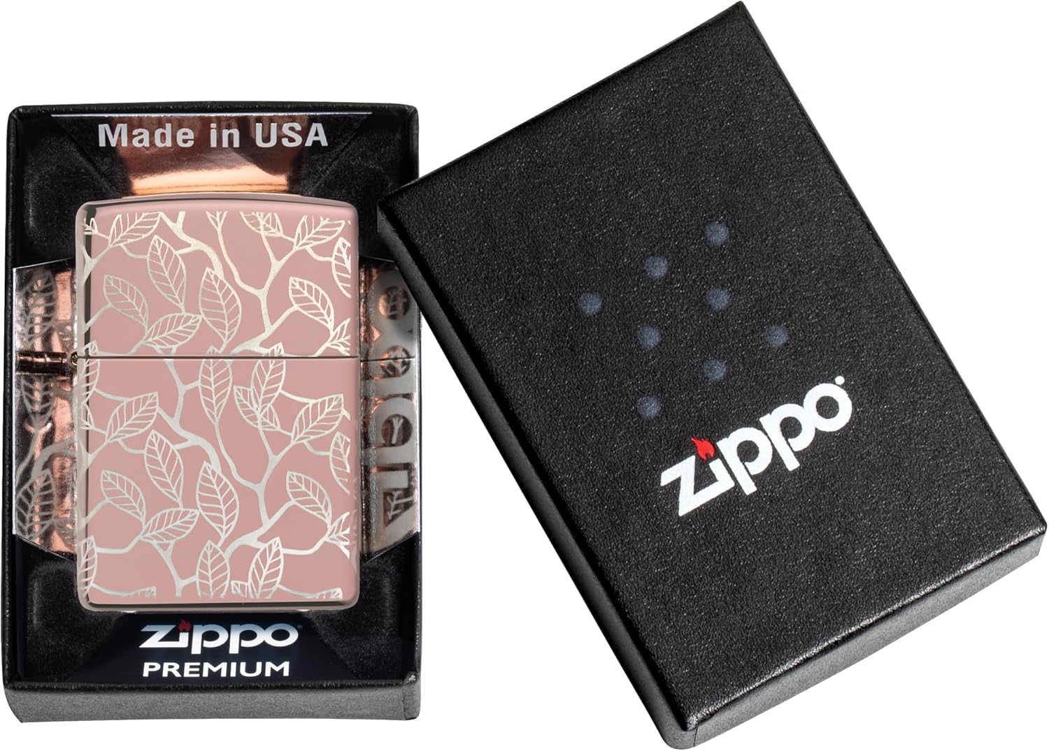 Zippo Windproof Lighter, Vine and Leaves, High Polish Rose Gold, Laser 360°, Refillable, Reusable, Windproof Design, Gift Box, Made in USA