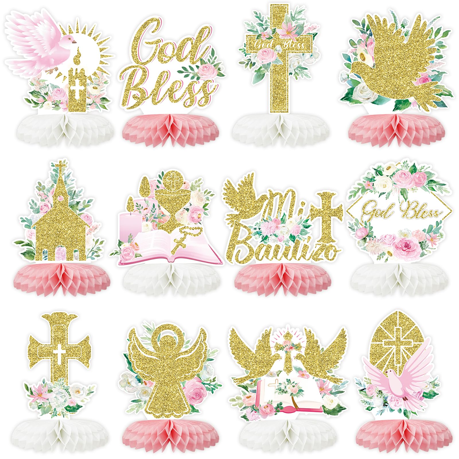 12Pcs Baptism Honeycomb Centerpieces Party Decor,Pink God Bless Cross Religious Baptism Table Centerpieces for Baby Shower First Communion Birthday Party Decorations (pink god)