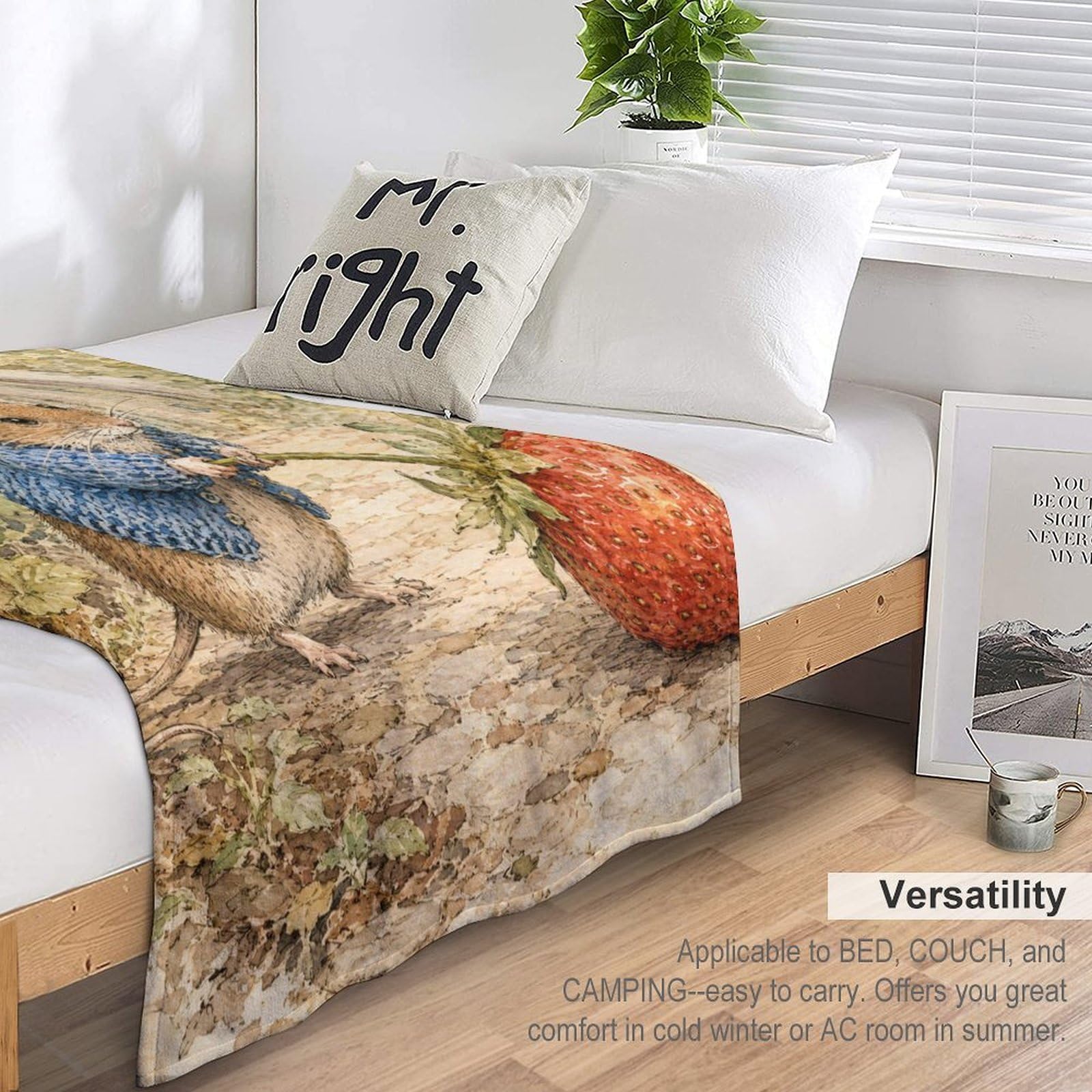 Ratón con Fresa Manta Libro de cuentos de animales Franela Suave Sofa Cama | manta polar sofa con Jardín de cuentos y Linda ilustración infantil, para rincon lectura, salon, 175x200cm(70x80in)