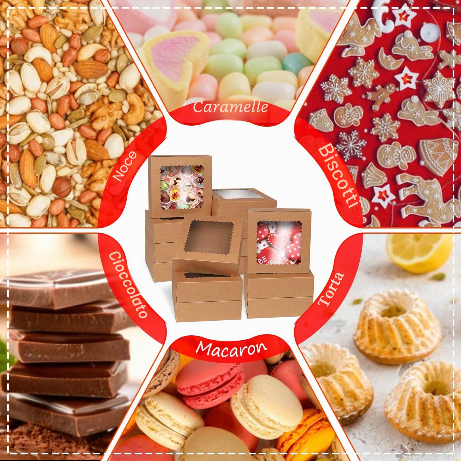 Scatola per Torte da 24 Pezzi, 20,4 x 20,4 x 6,4 cm Scatola per Dolci in Cartone Kraft con Finestra Trasparente per Feste di Natale Biscotti Pasticcini Cupcake Confezioni