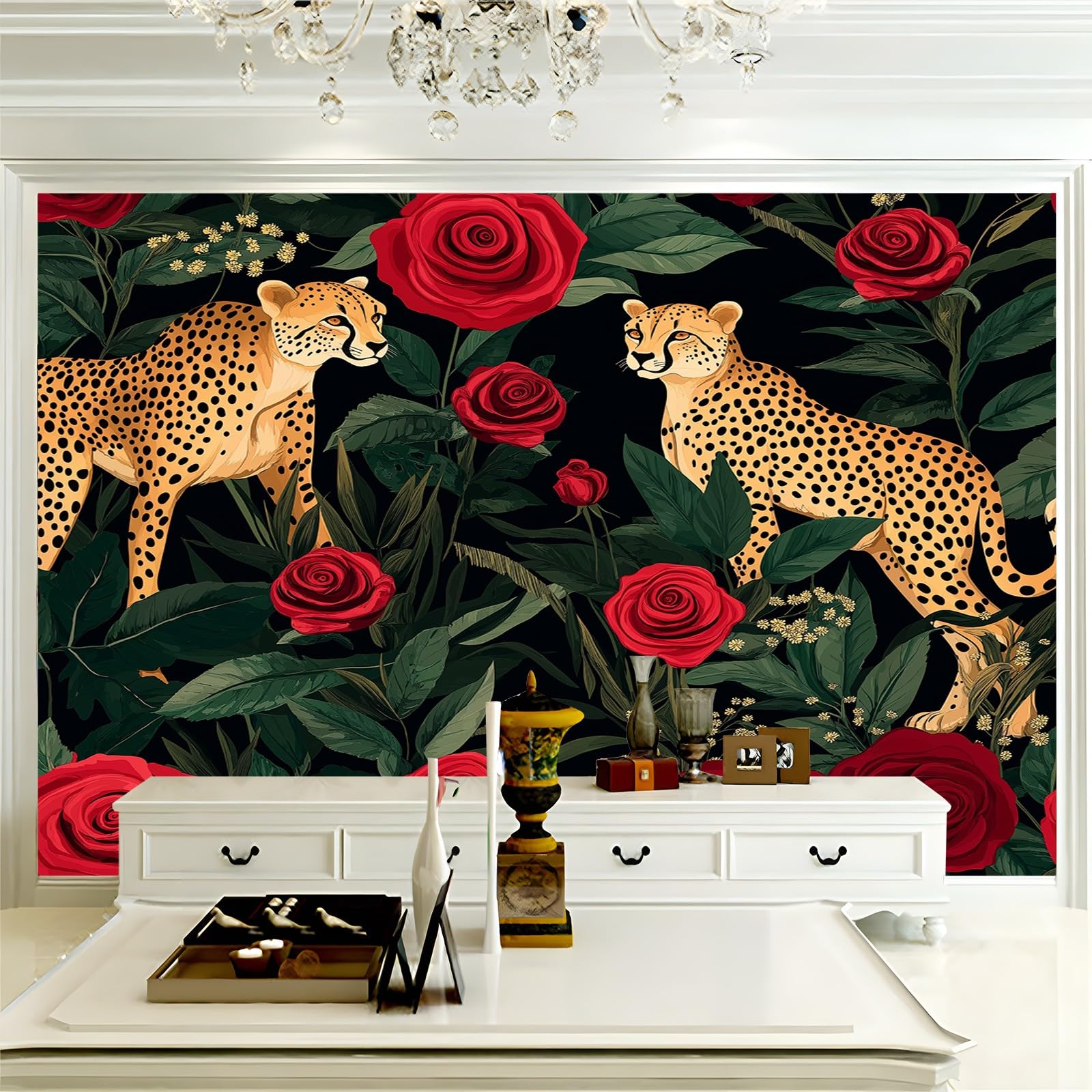 Panoramiczne tapety zwierzęta kwiaty elegancja czerwony czarny 200 x 140 cm (szer. x wys.), nowoczesna tapeta z włókniny do sypialni salonu biura spersonalizowana dekoracja ścienna restauracja pokój