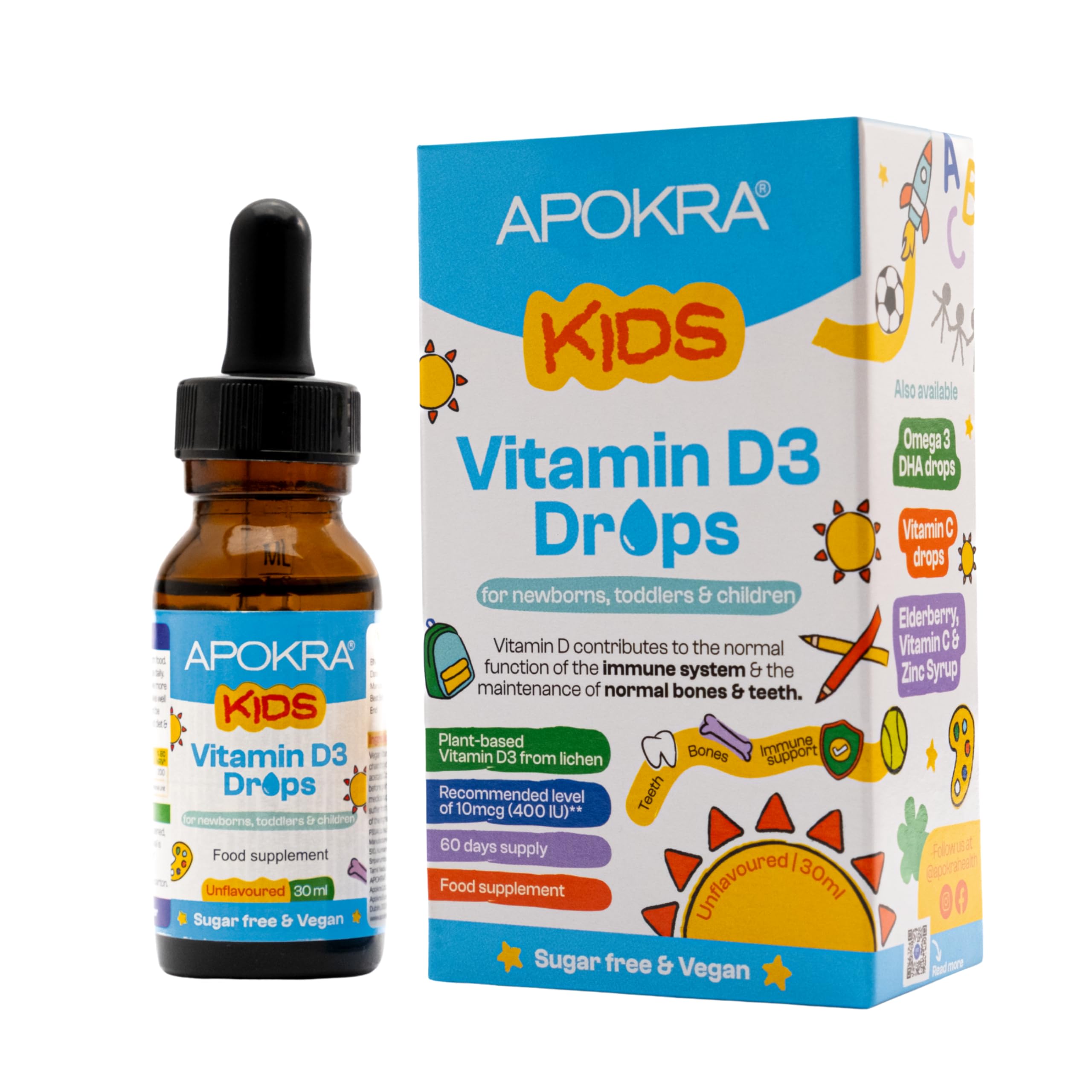 Vitamin D Drops Baby & Kids - Vegan - 60 Days Supply – 30mL – Preservative Free and Sugar Free Kids Vitamins - VIT D 400IU in MCT Oil - 10 micrograms per 0.5mL | APOKRA