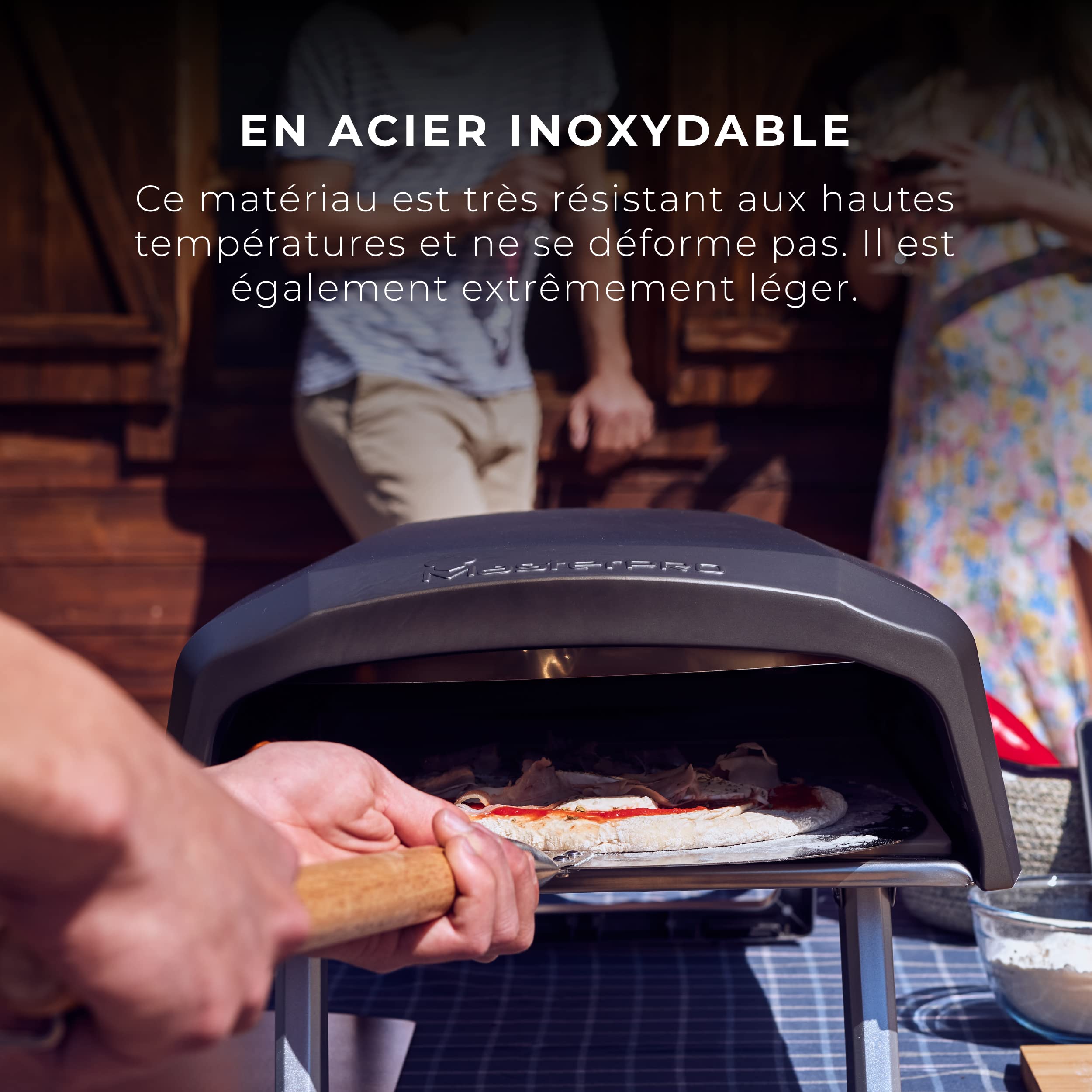 MasterPRO Foodies - Pizza Four - Fabriqué avec en acier inoxydable - 30,5 cm de diamètre de diamètre et 87 cm de long - Effet en bois long - tête ronde