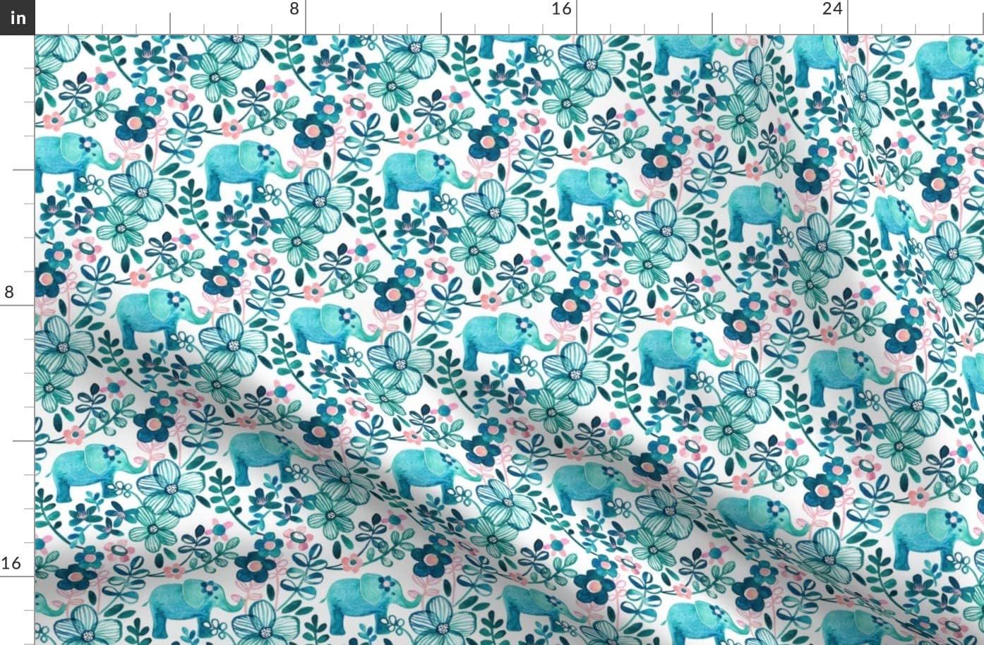 Spoonflower Fabric - Little Teal Elephant Watercolor Floral White Pink Animal Kids Printed on Organic Cotton Sateen Fabric by The Yard - Sewing Quilting Apparel Home Decor