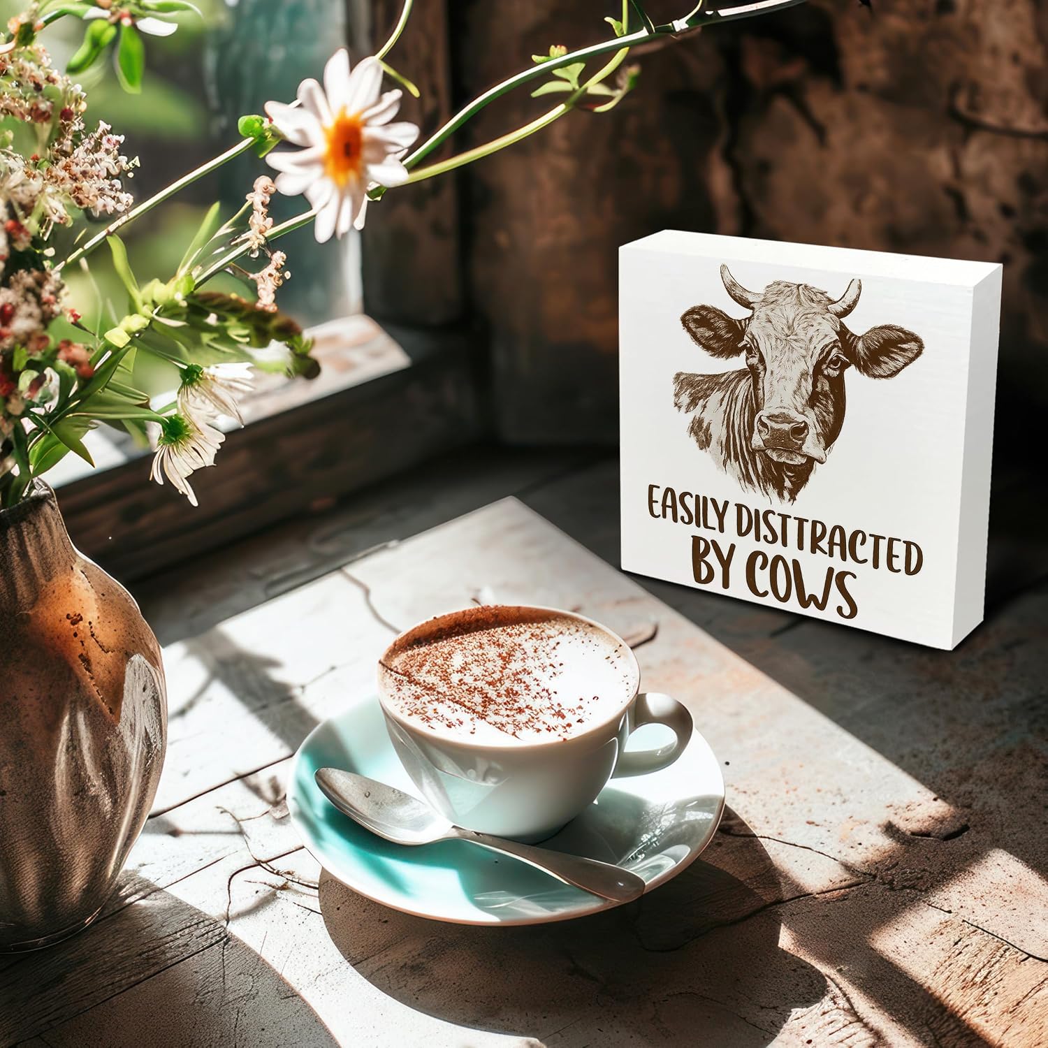 Funny Cow Wooden Signs - Farmhouse Cow Desk Decor, Cows Lovers Gifts Decorations, Easily Distracted by Cows Wooden Box Sign for Home Shelf Desk Table 5x5 Inch image 2