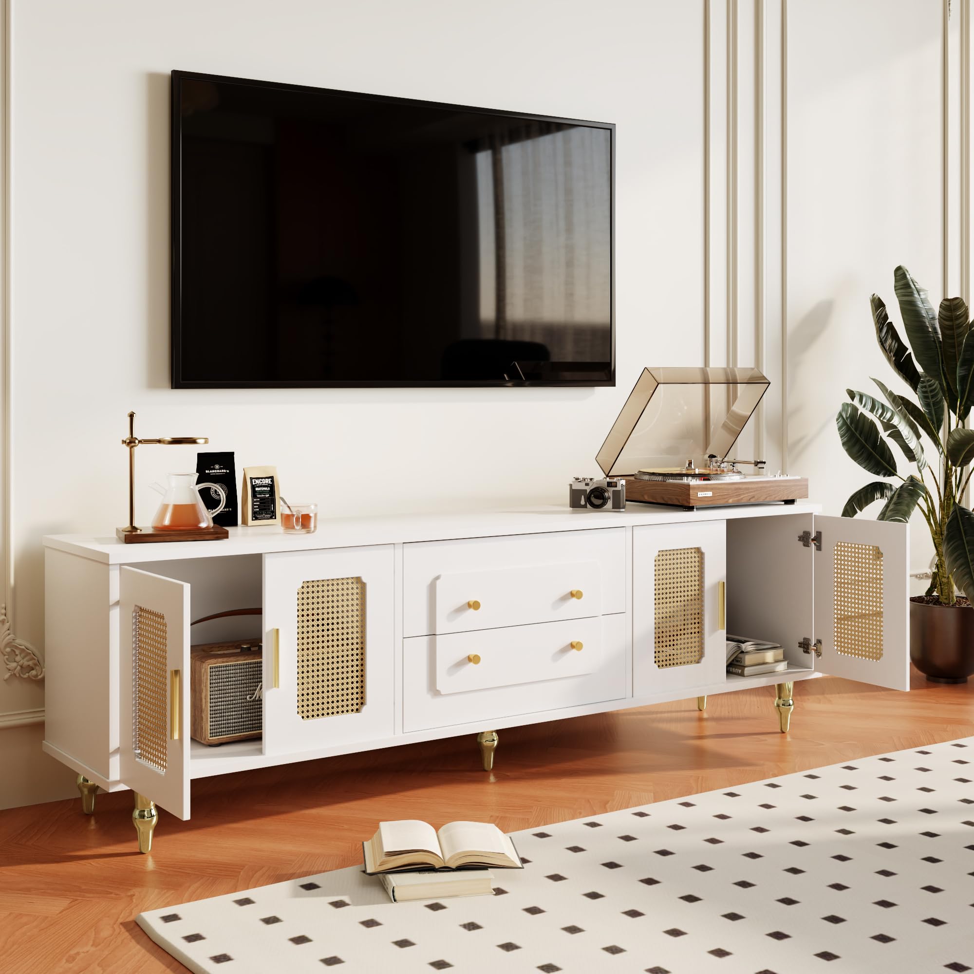 Modulo TV, Mueble de Salon TV, Armario Bajo con Puerta de Ratán, Moderno Estilo Rústico Mueble para Salon con Patas de Metal y 2 Cajones, para Televisión de 70-79 In, 175x38x55.5 cm (Blanco)