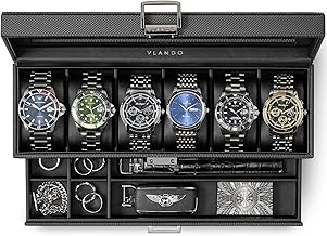 VLANDO 2-Tier 6 PU Leather Watch Box for Men Accessories Case Jewelry Storage Birthday Gift (Black)