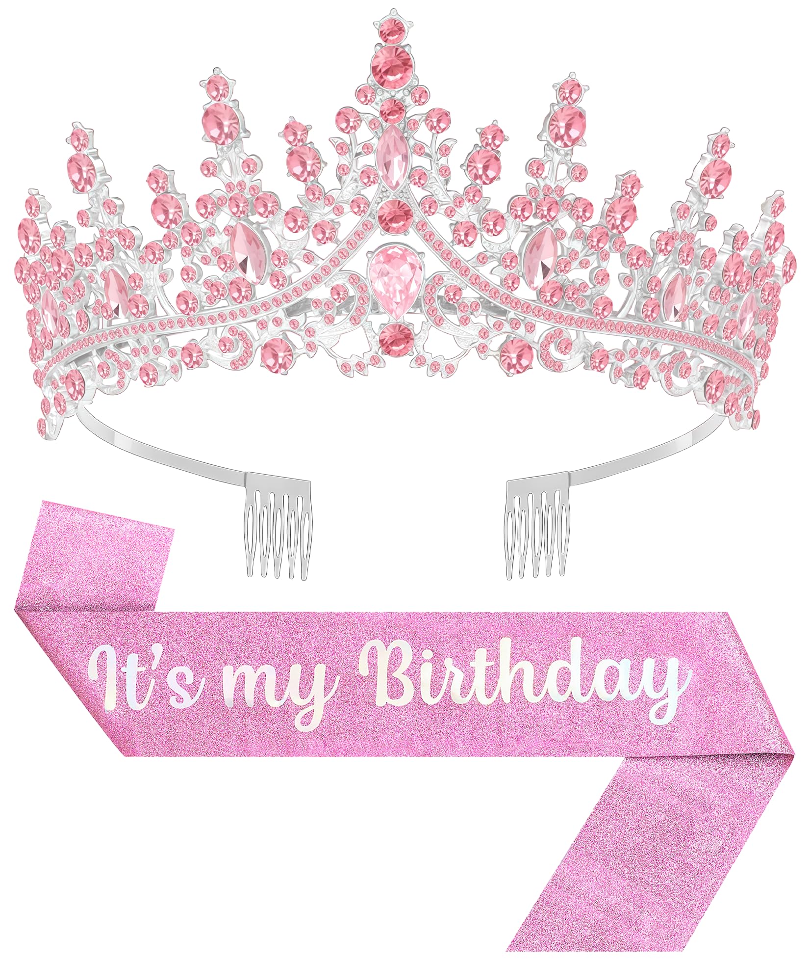 Papoopy Birthday Tiara and Crown with Sash, Birthday Tiara for Women Party (Pink)