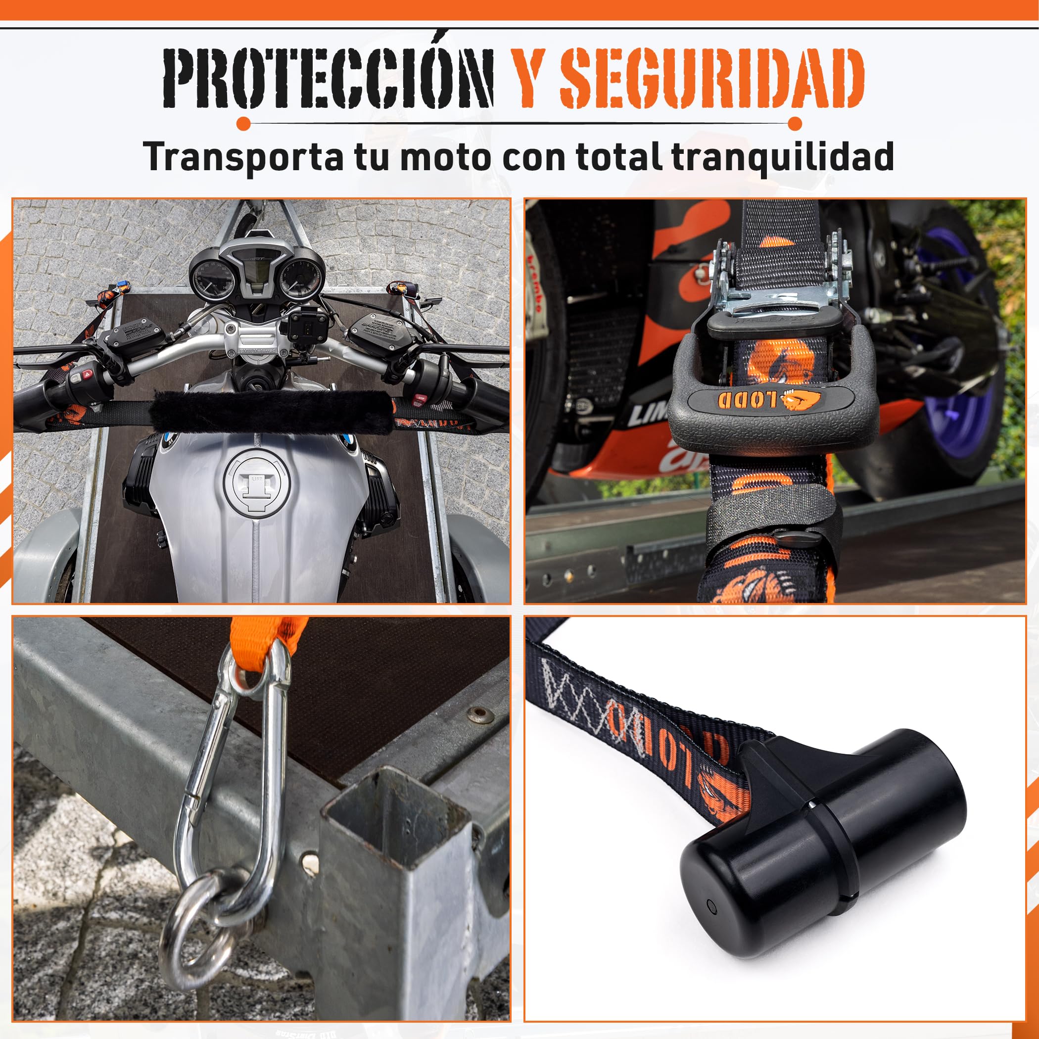 LODD – Correas Moto, Anclaje al Manillar con Manguitos Compuestos Reforzados, Carraca Ultrarresistente, 38 mm, 1.500 kg, Mosquetones de Acero, Remolque, Carretera y Deportivas – Maletín Incluido