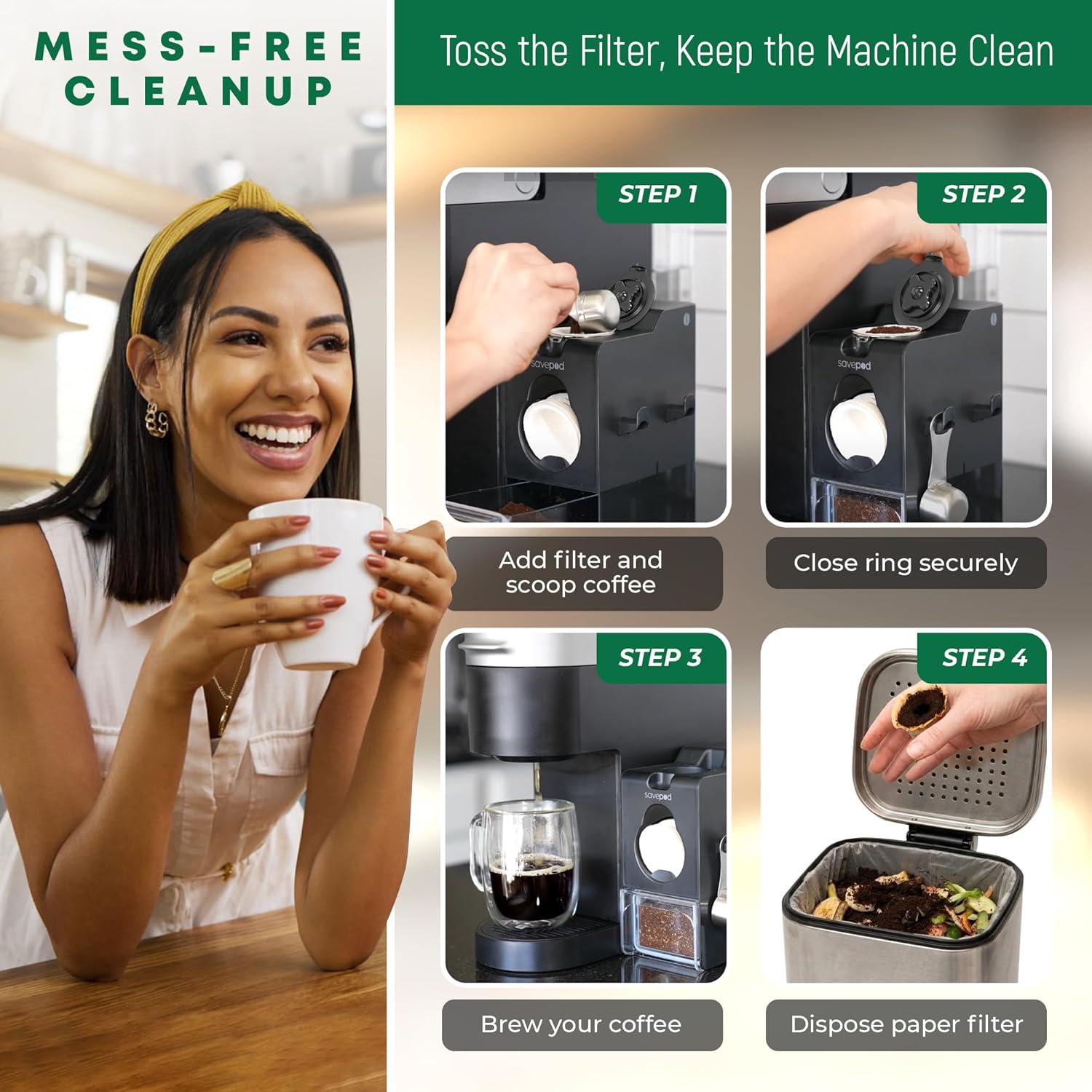 Savepod Coffee Pod Maker Bundle – Reusable Pod Maker Kit Includes Universal Ring, Stainless Steel Scoop, 50 Compostable Filters & Manual PodMaker for Keurig Coffee Maker, Daily Coffee Refill, Black