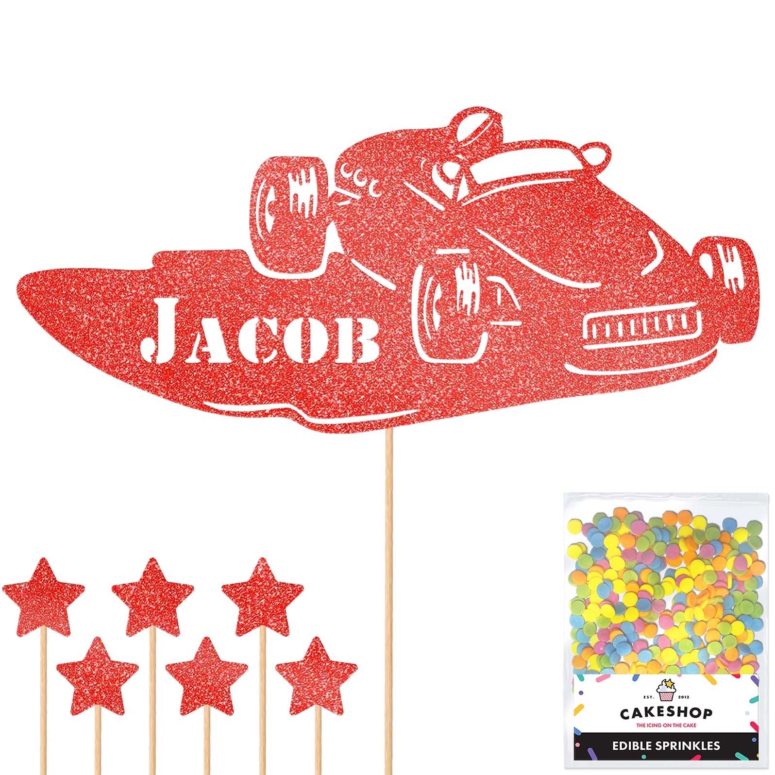 Personalised Classic Vintage Car Glitter Topper - Red Custom Name Glitter Cake Decoration and Sprinkles - Happy Birthday Decorations - Personalised Toppers for Cakes by Cakeshop