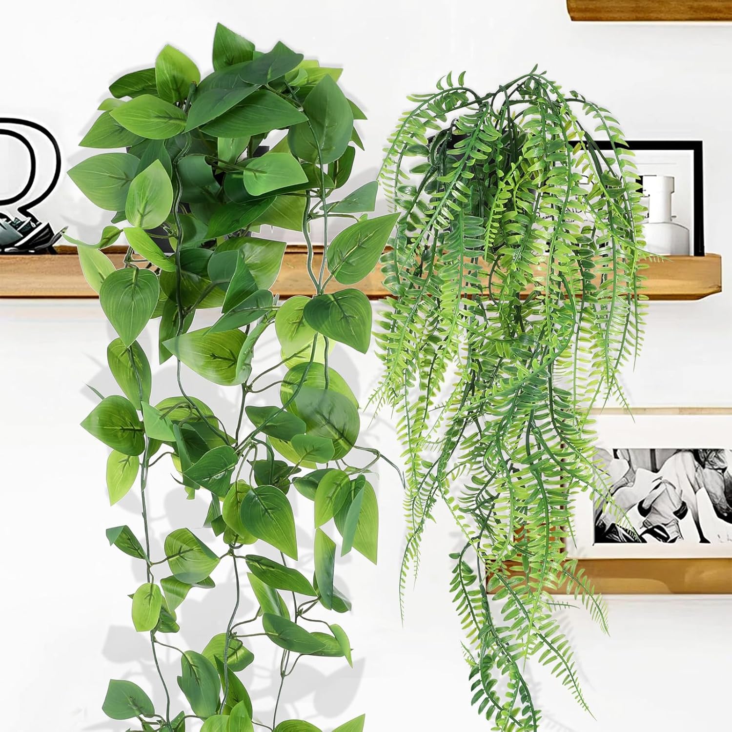 SHENLIU Artificial Hanging Plants for Shelf, 4 Pack Fake Potted Greenery Plant Faux Eucalyptus Vine String of Pearls Boston Fern Ivy Vine Leaves for Living Room Bedroom Boho Wall Shelf Indoor Outdoor - Image 4