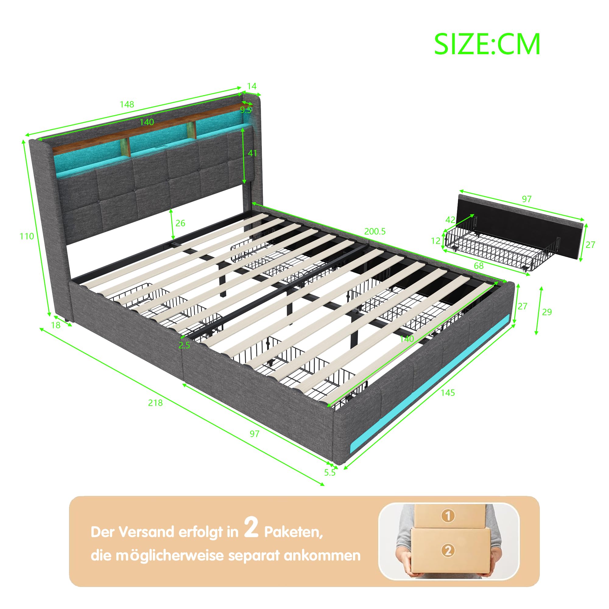 Boxspringbett 140x200 mit Lattenrost，Stilvolles Polsterbett mit Stauraum, 4 Schubladen, Individueller LED-Beleuchtung, USB und Typ-C-Anschlüssen, Modernes Graues Design für optimalen Komfort