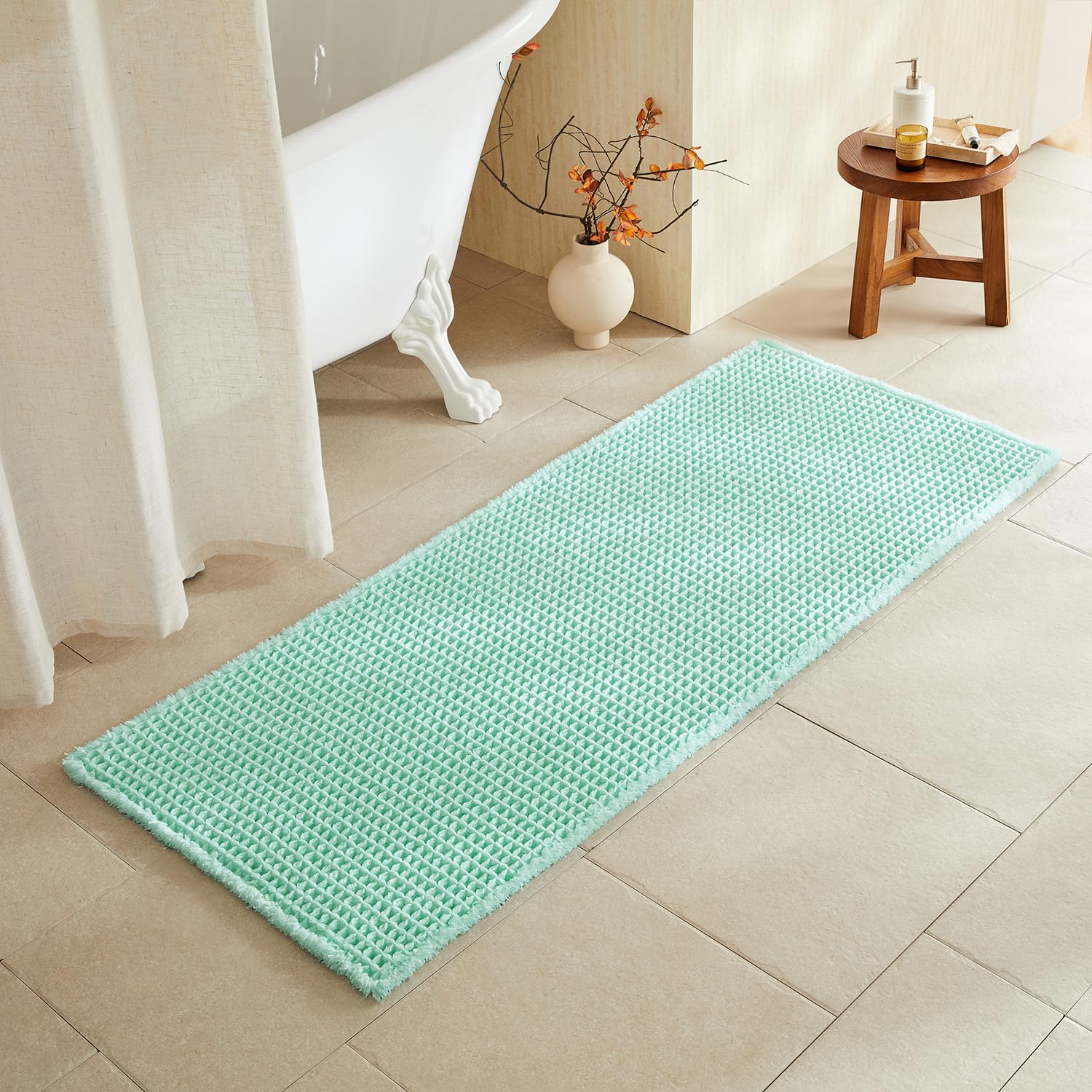 TYUU Waffle Runner Rug Bathroom, Long Boho Bath Mat, 60x24 Aqua Blue