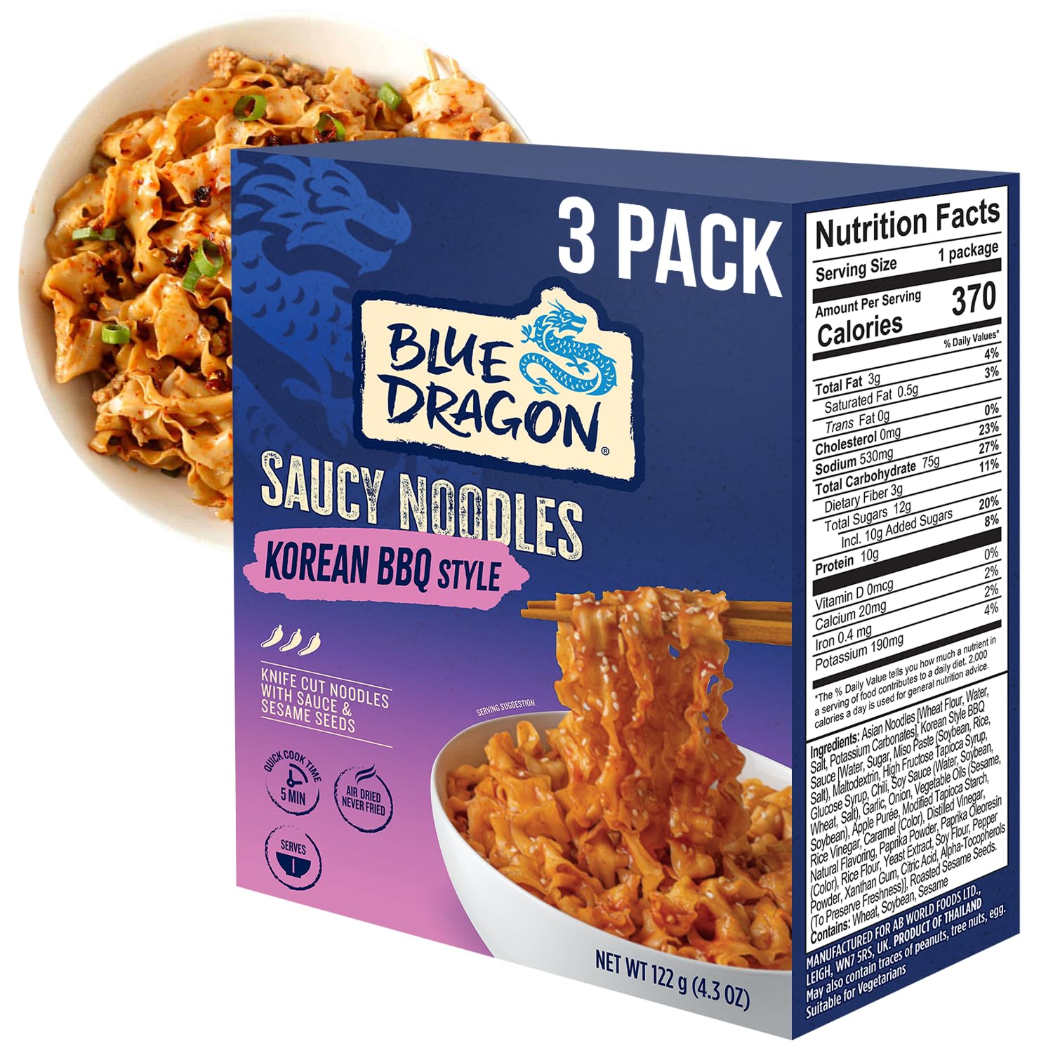 Blue Dragon Korean BBQ Saucy Noodles - 4.2oz (Pack of 3) - Knife Cut Thick Noodles w/Korean BBQ Sauce & Sesame Seed Garnish - Quick & Easy Meal with Bold Asian Flavors - Vegetarian Friendly