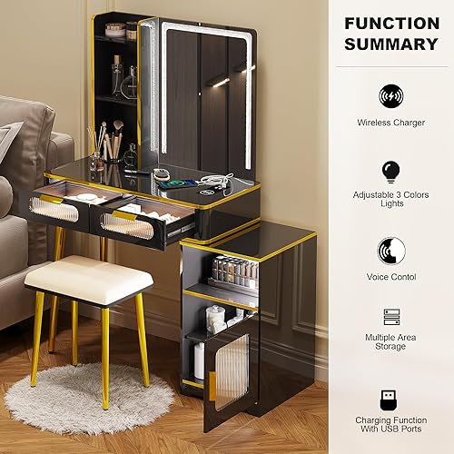 Miniatura 7 de HNEBC Escritorio de tocador con espejo y luces, juego de tocador blanco con USB B & tipo C y carga inalámbrica, tocador de maquillaje con