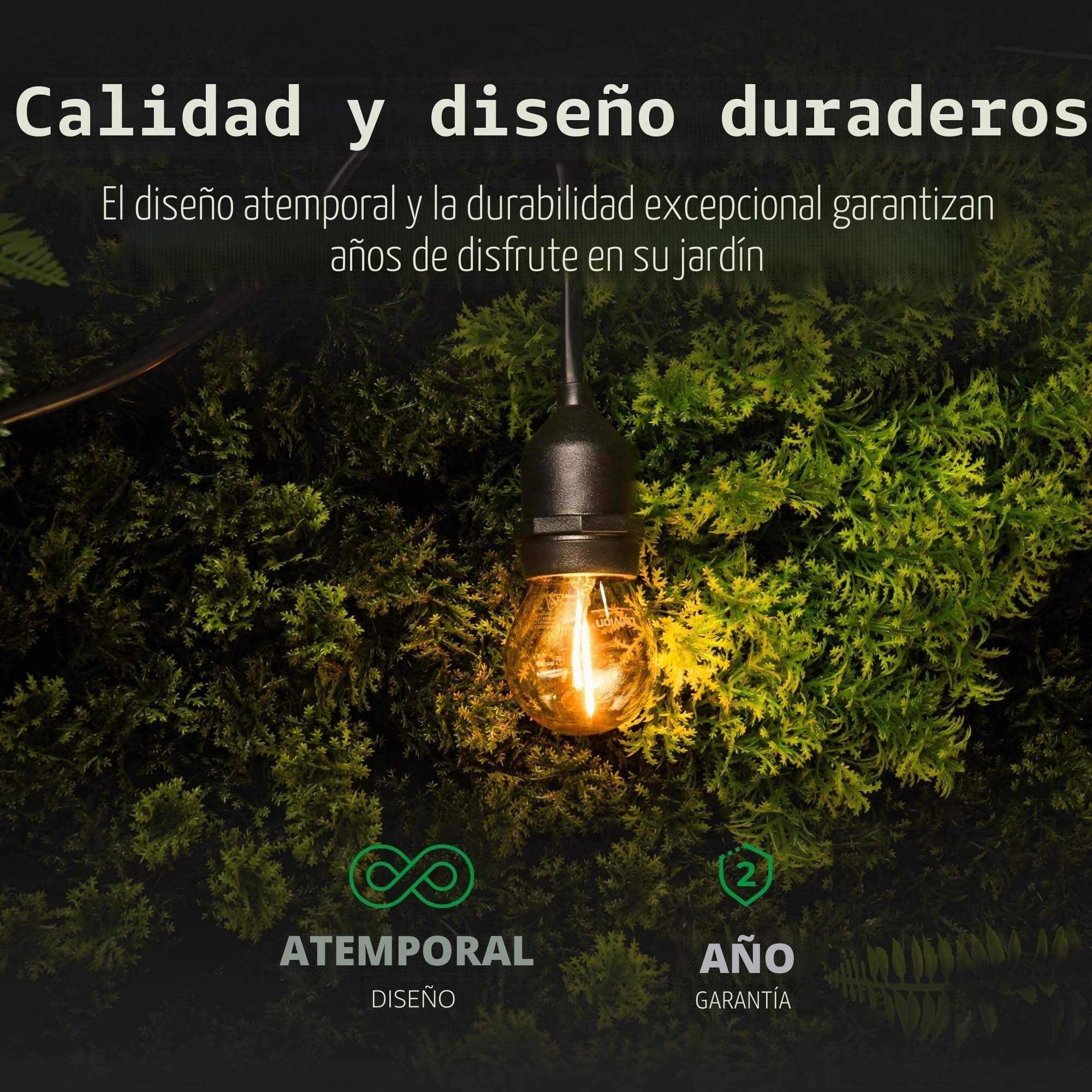 Ledvion - Guirnalda LED, 10M, Incluye 10x E27 LED Dorado, 1W, 2100K, Incluye 10 Bombillas Filamento Dorado LED, IP65