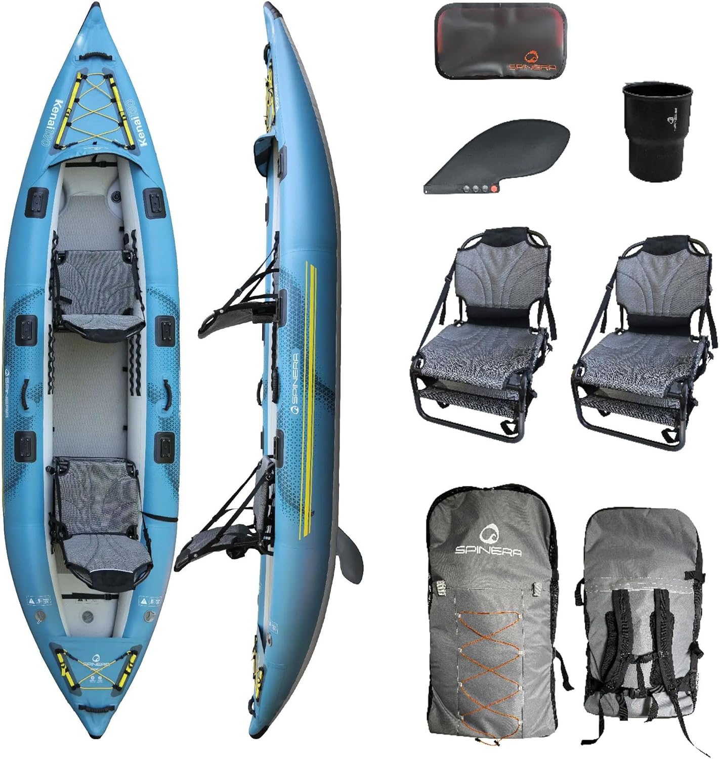 Spinera Kenai 130 Inflatable Kayak,1-2 Person 13' Rec & Fishing Kayak, Light, Durable, Stable, Rigid Welded Tubes, Drop Stitch High Pressure Floor, Pro High Back Frame Seats, Adjustable Footrest