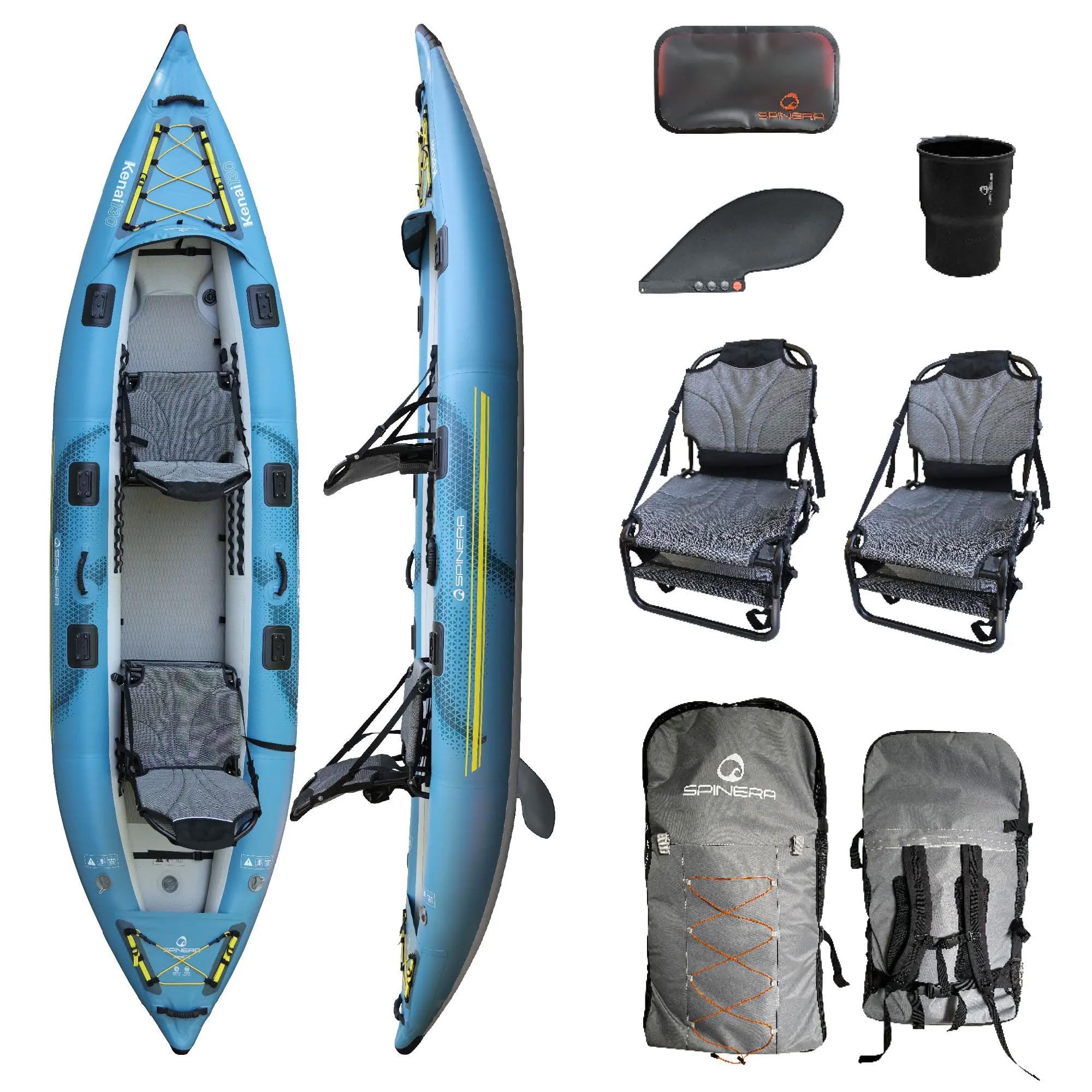 Spinera Kenai 130 – Aufblasbares Kajak 2 Personen | 396x87cm | Angelkajak & Tourenkajak | 1–2 Sitzer mit Frame-Seats | Kajak aufblasbar mit Finne & Rucksack | Allrounder für See - Fluss