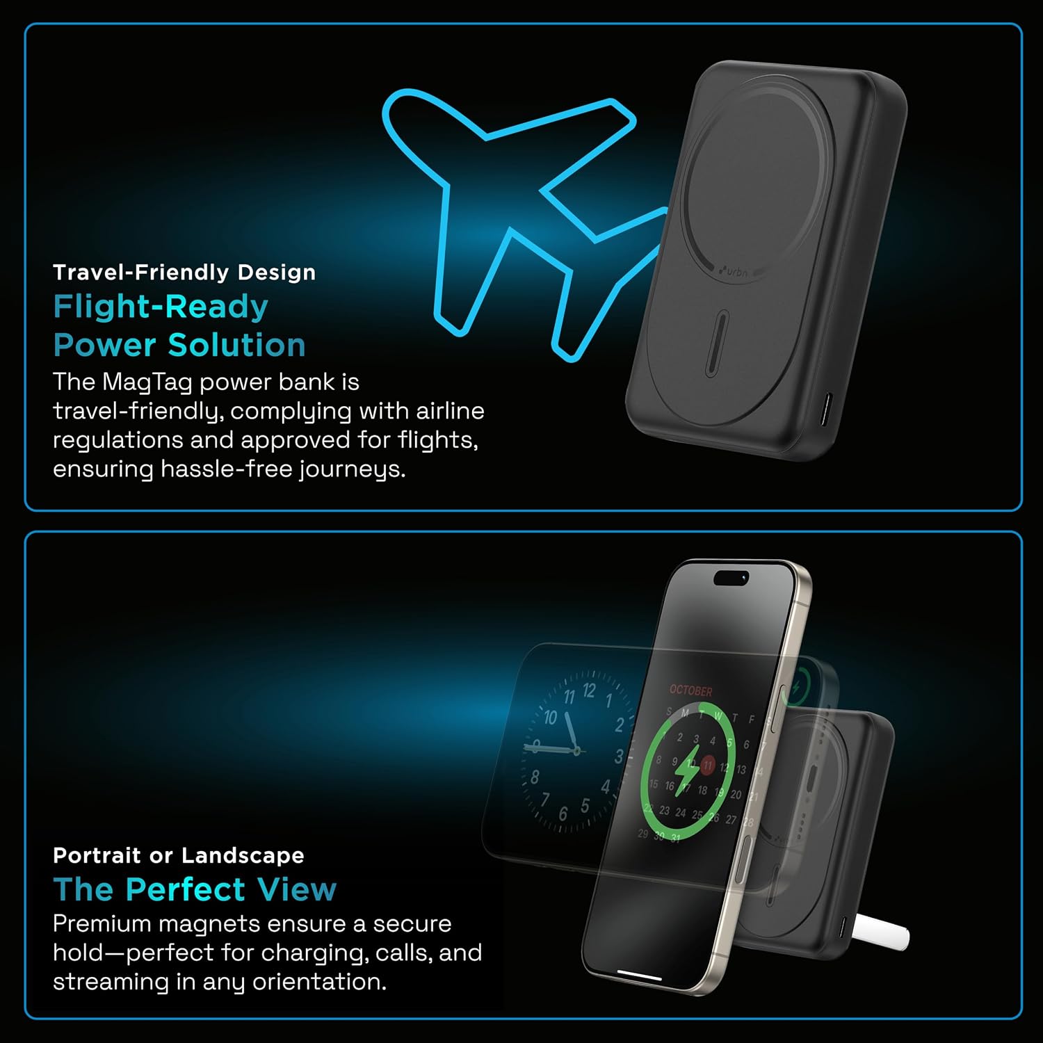 Image showing the URBN power bank being recharged via a USB-C cable connected to a wall adapter, while simultaneously wirelessly charging a smartphone.