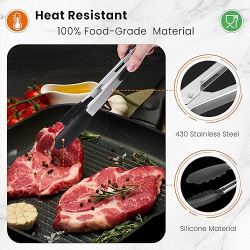 Miniatura 3 de Pinzas de comida de 2 piezas para cocinar, pinzas de cocina de acero inoxidable de 9 y 12 pulgadas con puntas de silicona y soporte integrado,