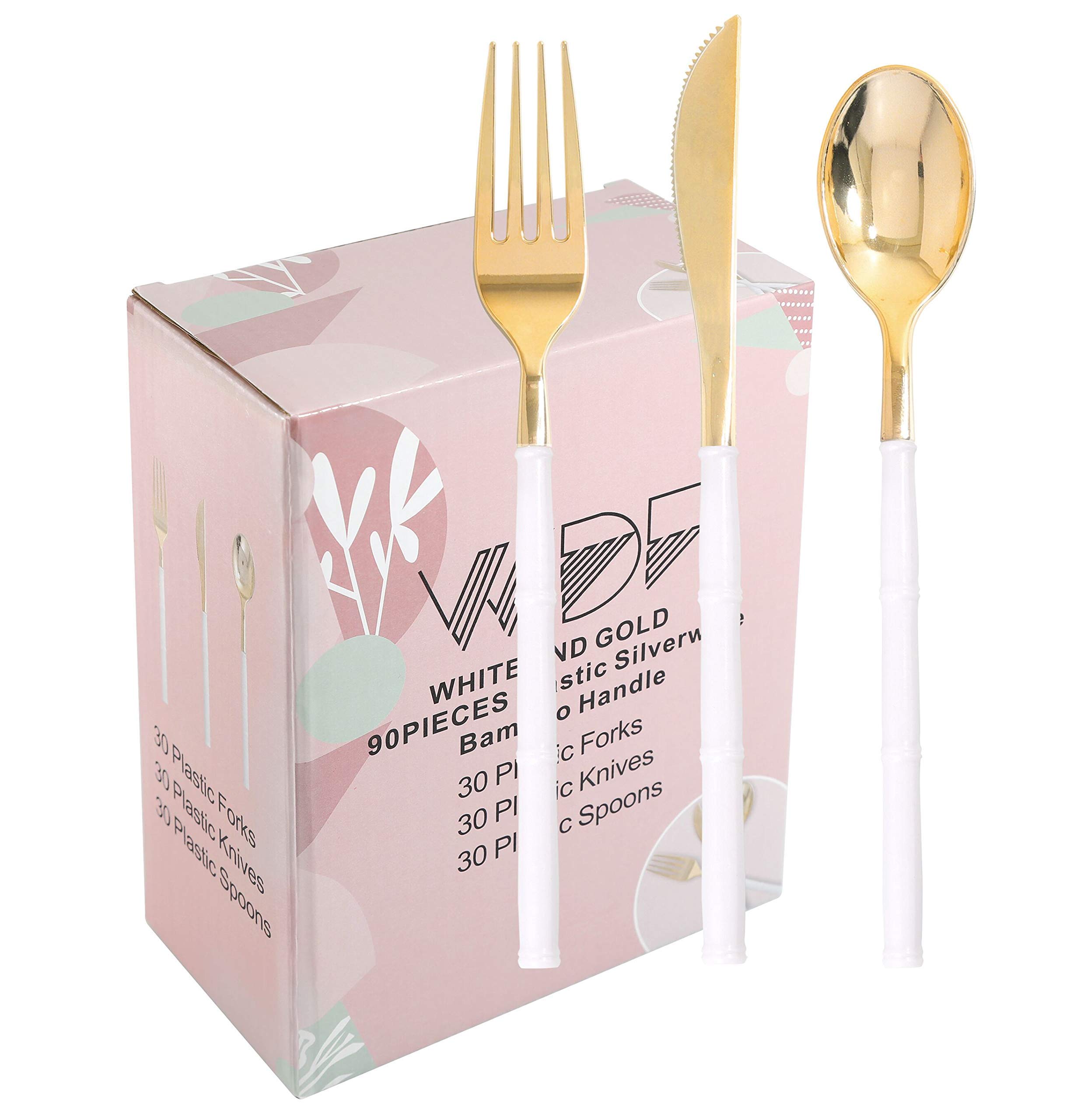 WDF 180Pieces Gold Plastic Silverware-Gold Plastic Cutlery with White Handle-Heavyweight Disposable Flatware-Include 60Forks, 60 Spoons, 60 Knives For
