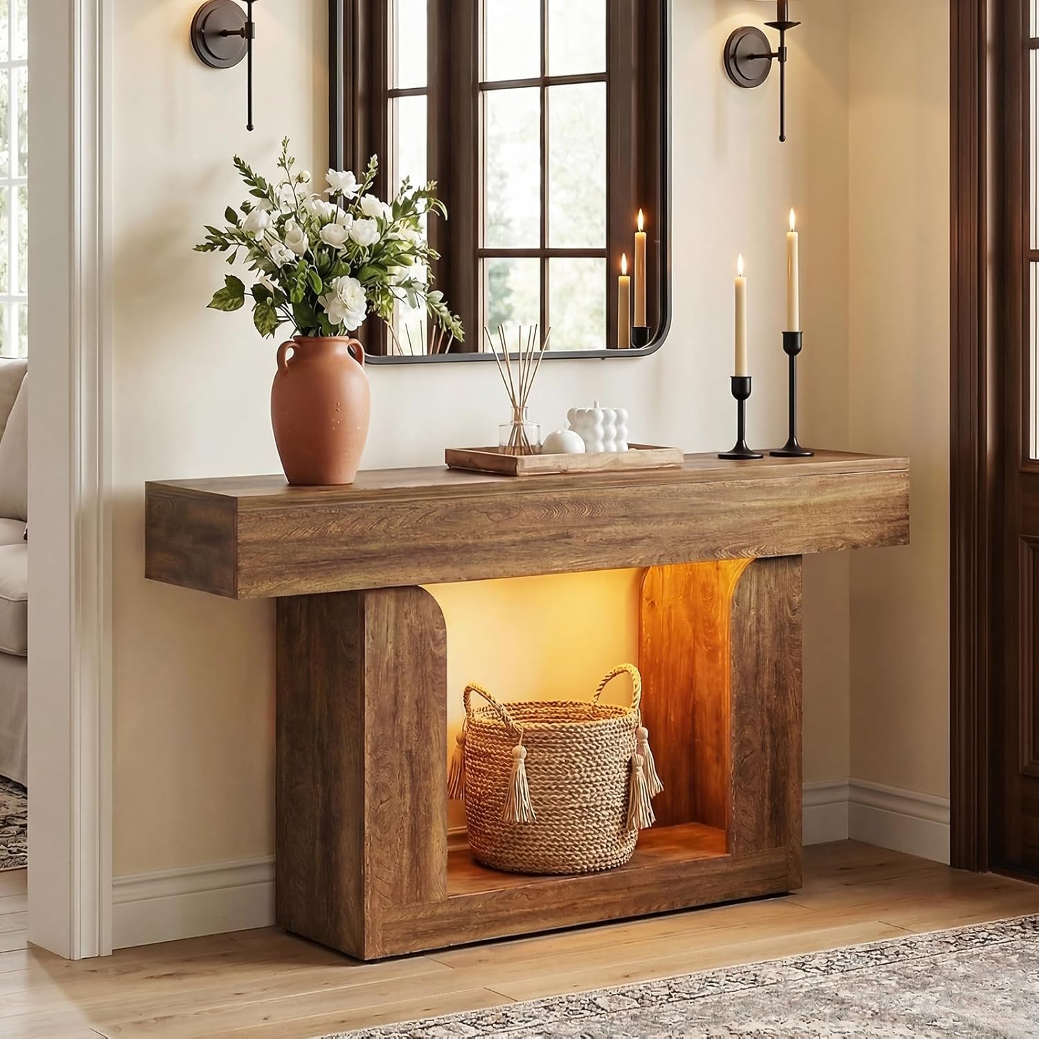 Homieasy Console Table, 47" Entryway Table with LED Lights & Charging Station, Farmhouse Wooden Sofa Table Behind Couch, Narrow Hallway Table for Living Room, Foyer, Entry, Rustic Oak