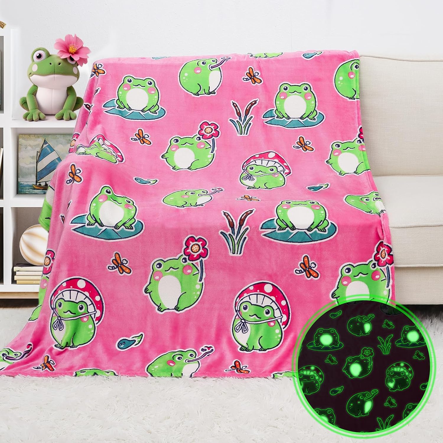 Glow in The Dark Frog Blanket for Girls, Frog Gifts for Women Girls, Soft Cozy Pink Throw for Kids, Cute Frogs Stuff Bedroom Decor, Birthday Gifts for Teen Girls Age 3-13, 50" x 60"