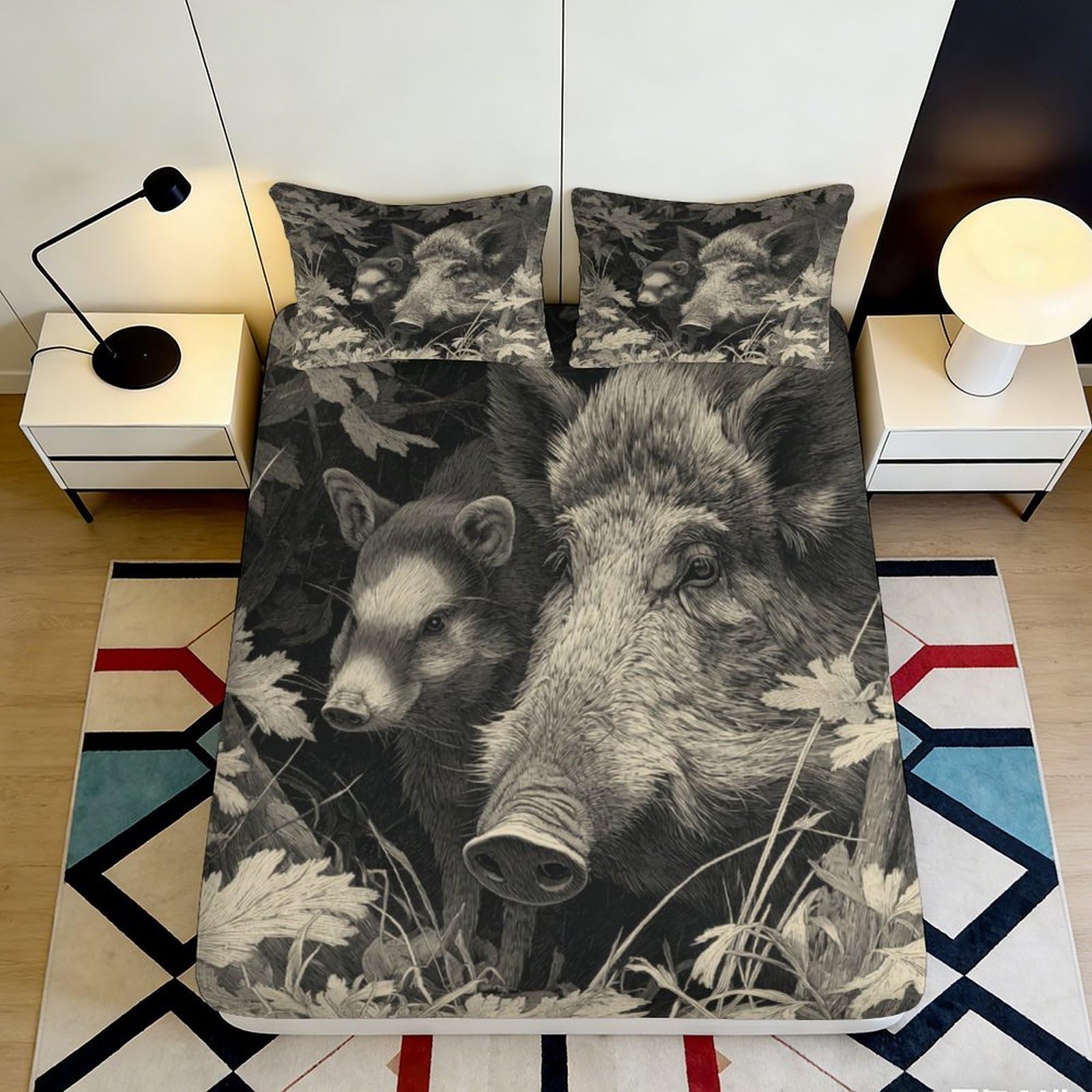 3D Printed Wild Boar Fitted Sheet Microfiber Soft Durable Forest Animal Bed Cover for Bedroom Dormitory Guest Room Mattress Protection Decor 140x200x25cm