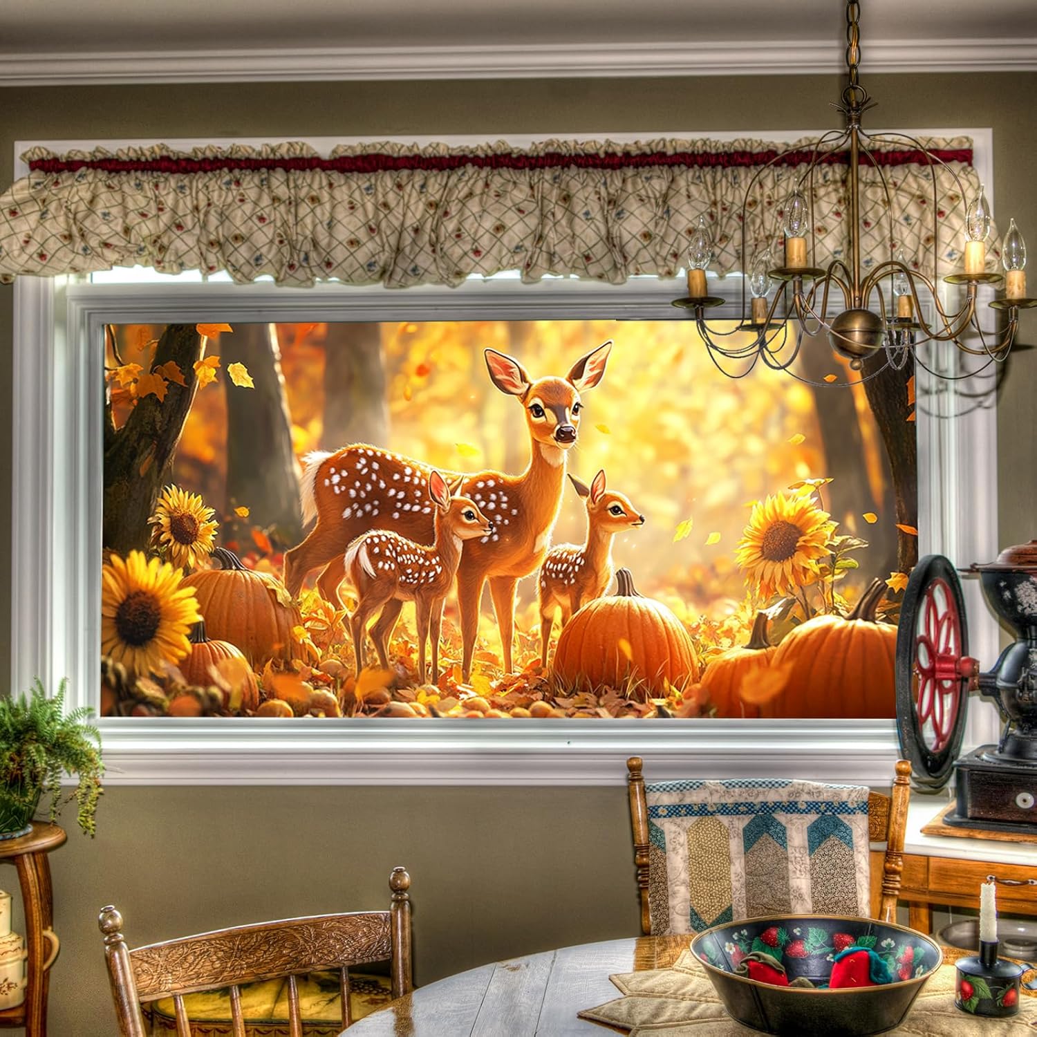 Autumn Deer Pumpkin Pattern Rainbow Window Film PVC Static Cling Sticker Seasonal Window Film 39.3x17.7 inches Non-Adhesive Removable Reusable for Glass Door Home and Office Bedrooms Autumn Deer Window Film #08