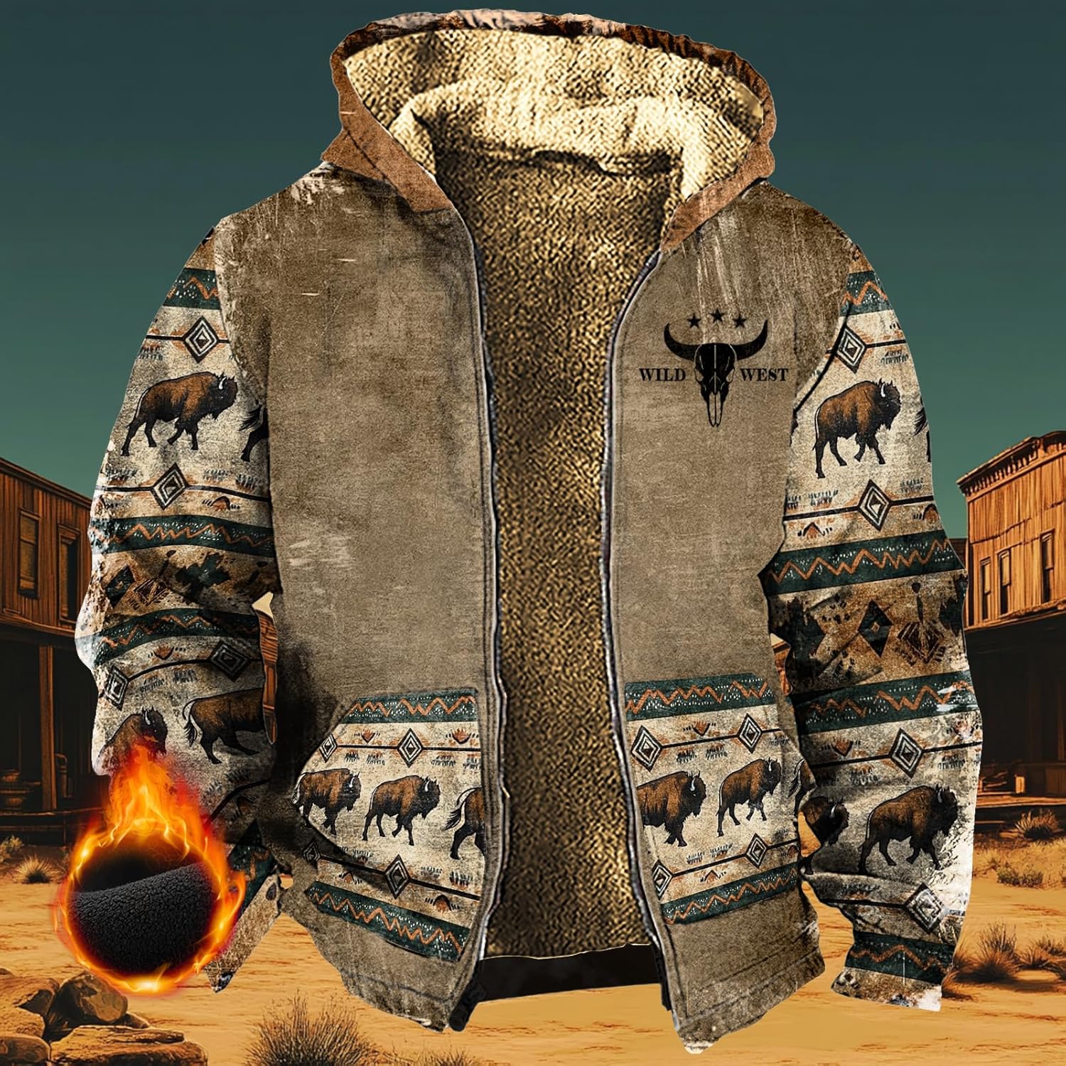 Western Jackets For Cowboy Bull Graphic Long Sleeve Zip Up Fleece Hooded Corduroy Lightweight Mens Coat - Image 3