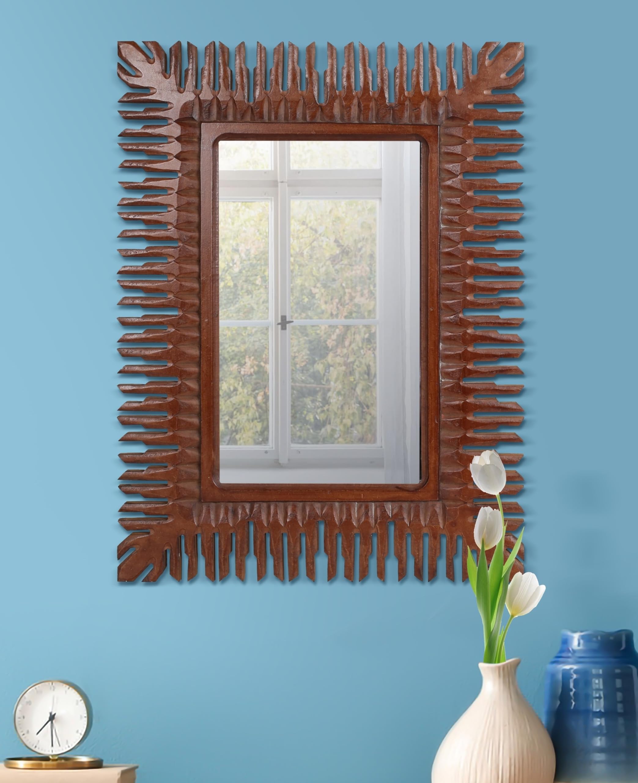 Wall Mirror Décor Carved Wood Size 18"X24" Rectangular,Mirror Wall Décor, Hanging Wall Mirror with Wood Frame Attached Hanging Bracket,Rustic Wall Decor for Living Room and Farmhouse,Natural Burnt