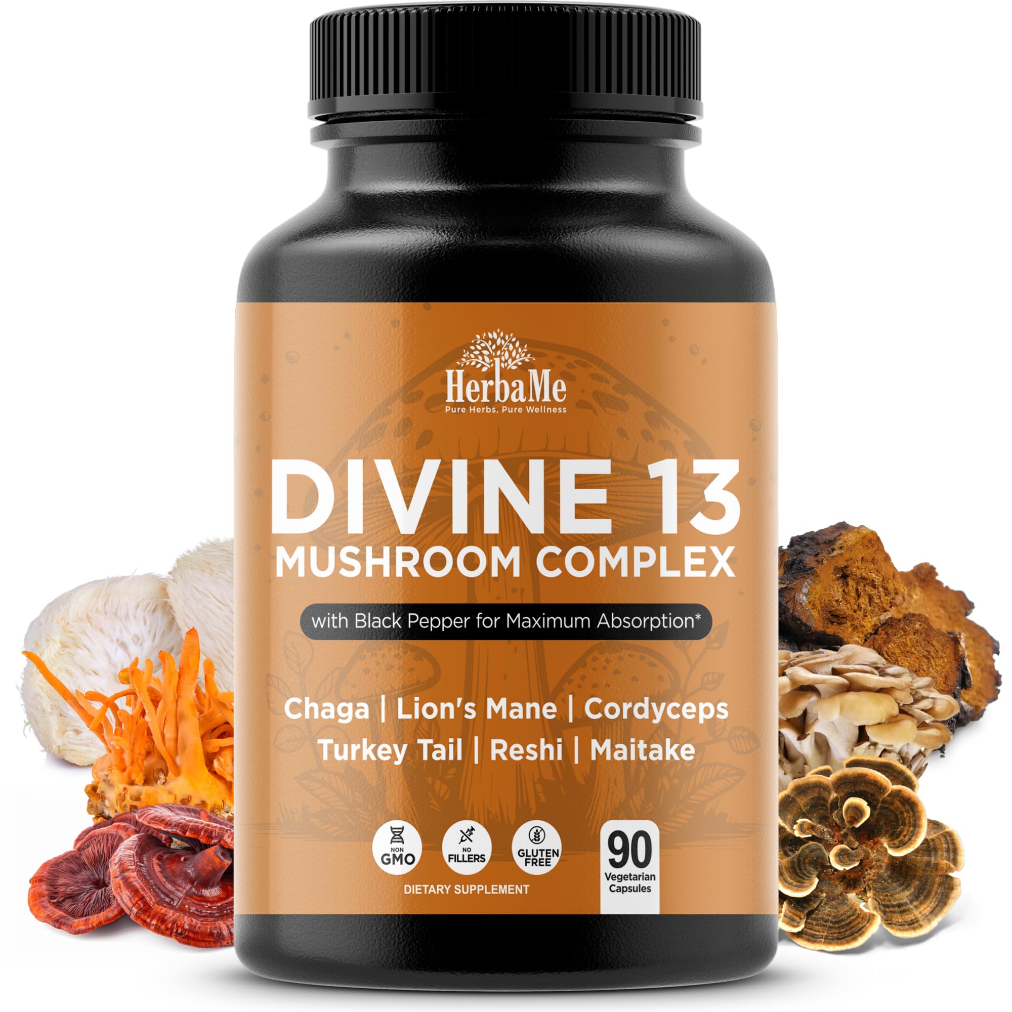 Mushroom Extract Complex with Black Pepper, Lion's Mane, Cordyceps, Turkey Tail, Chaga, Shiitake, Maitake, Nootropic Brain Supplements for Memory and Focus, Immune System Support, 90 Capsules