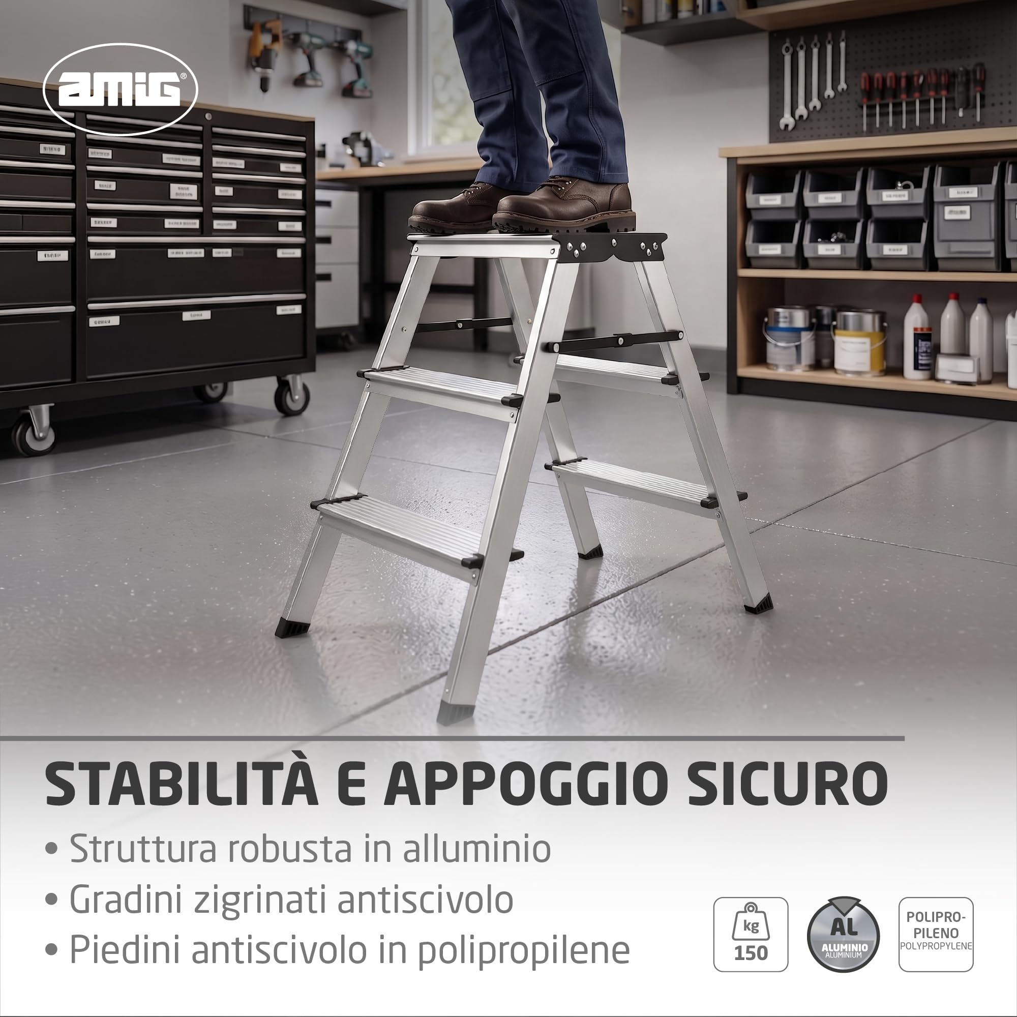 Amig Sgabello Pieghevole 3 Gradini Alluminio 57x60x36 cm | Leggero e facile da trasportare. Gradini antiscivolo e chiusura compatta.