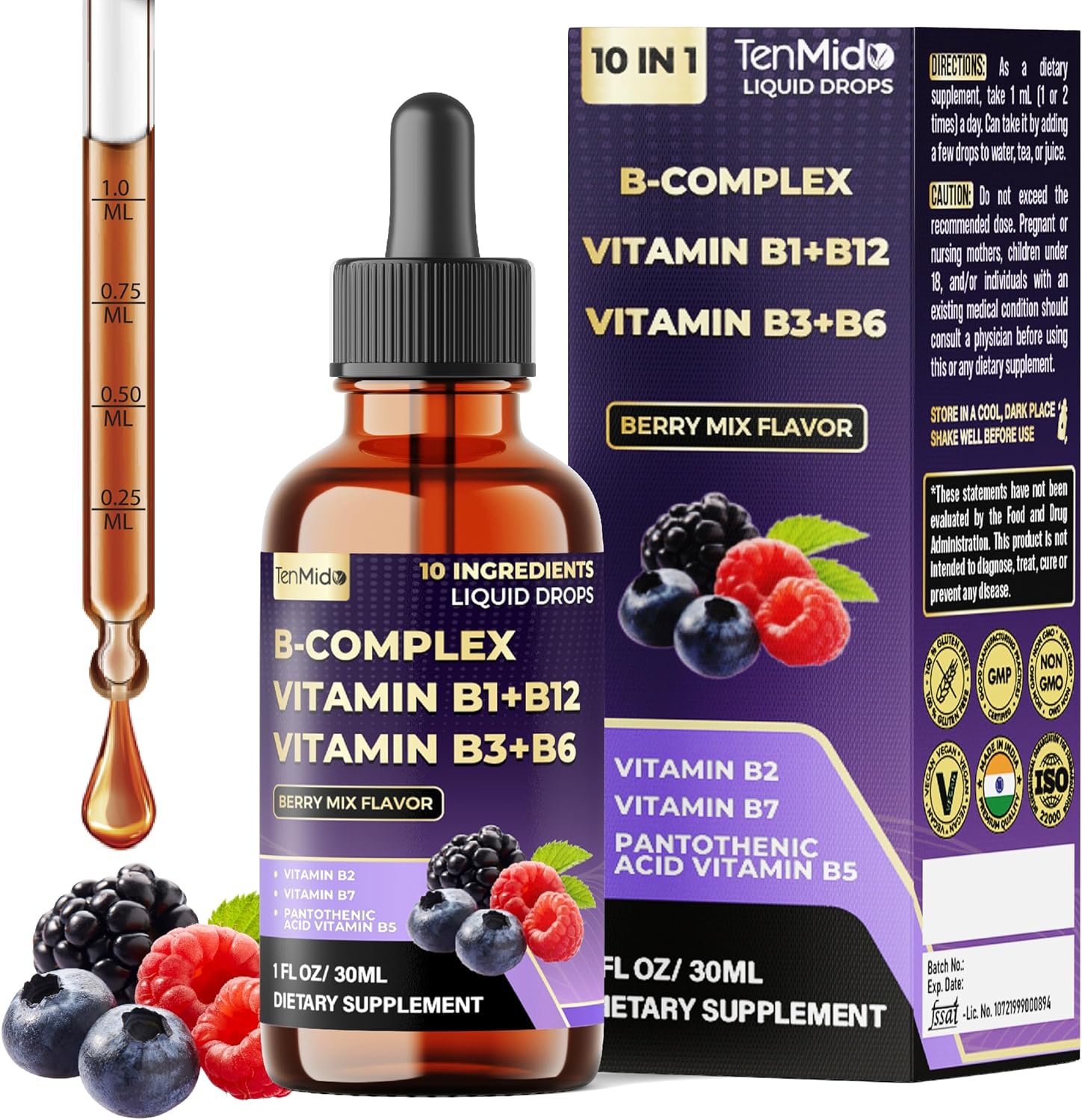 10in1 Vitamin B Complex Liquid Drops with B1 Thiamine, B12 Methylcobalamin, B2 Riboflavin, B3 Niacinamide, B5 Pantothenic Acid, B6 Pyridoxine, B7 Biotin and More - 30ml 1 Fl Oz
