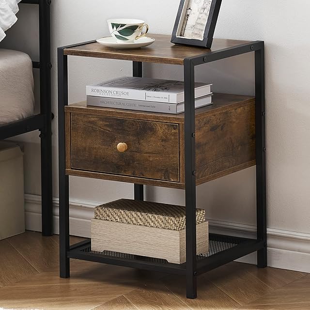 Industrial Nightstands for Bedroom, Wood Bedside Table Night Stands with Drawer, Narrow End Side Table Storage Shelves for Living Room, Rustic Brown