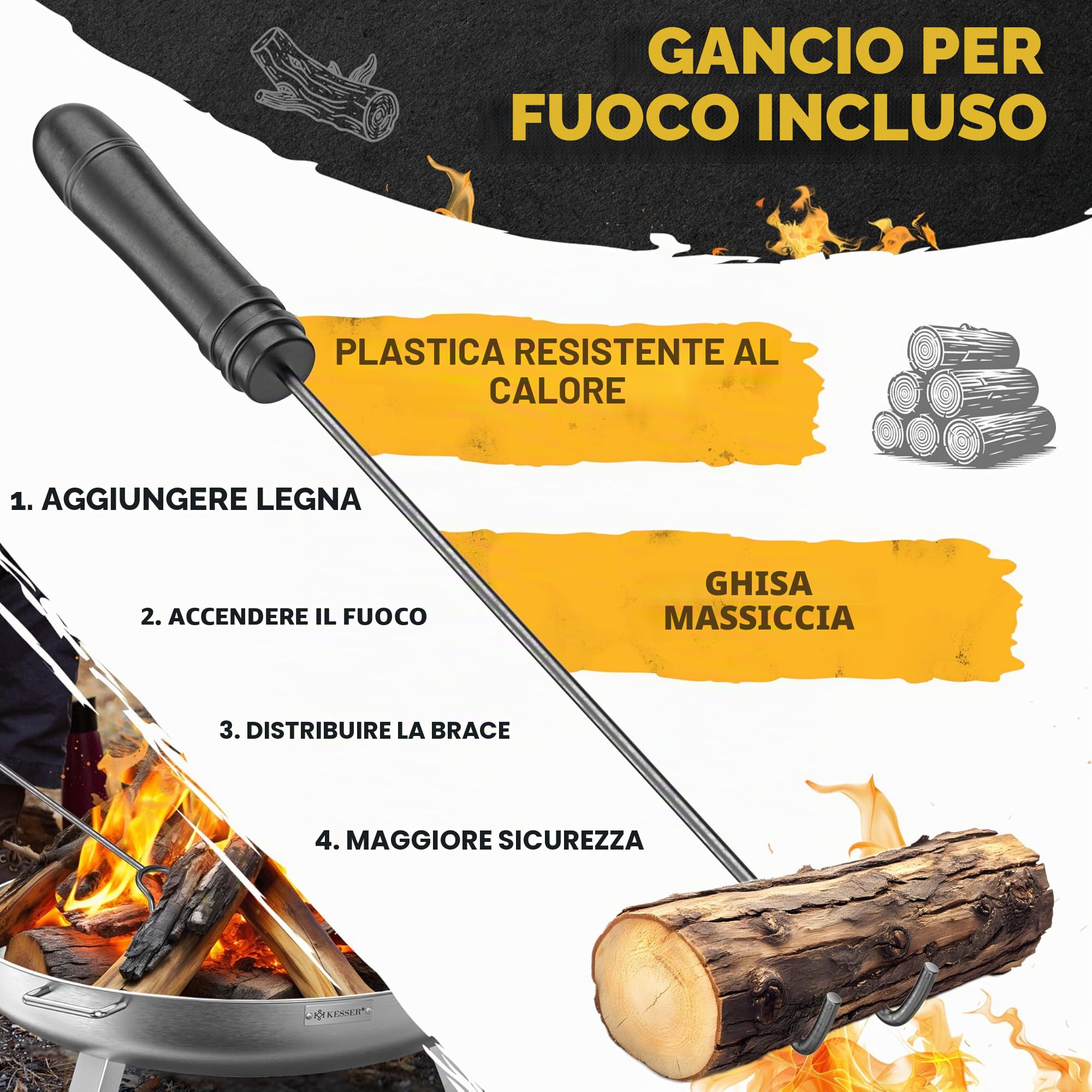 KESSER Braciere da 2,5 mm di spessore, in acciaio legato, Ø 80 cm, braciere con gancio da 42 cm, scarico dell'acqua in ghisa e 2 maniglie stabili, braciere per camino in legno e carbone, per giardino
