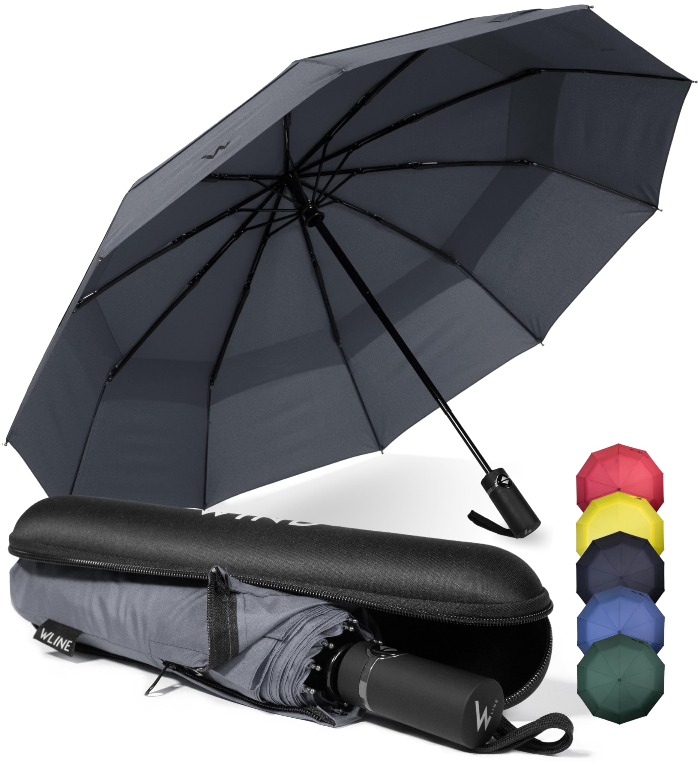 WLine Wind Ombrello Pieghevole Antivento da Pioggia - Apertura e Chiusura Automatica, Stoffa Teflon, Struttura Ultraresistente, Custodia, Diametro 104cm (Grigio con Custodia)
