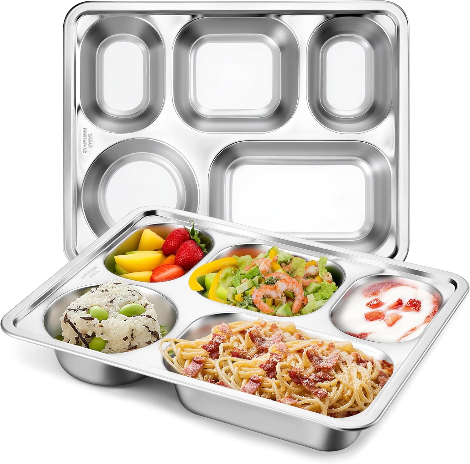 HaWare 2-Pack Stainless Steel Divided Plates Tray for Toddler Kids Adults, Rectangular Portion Control Dinner Plates with 5-Compartment, Metal Tray for Lunch Camping Dinner, Reusable Serving Platter
