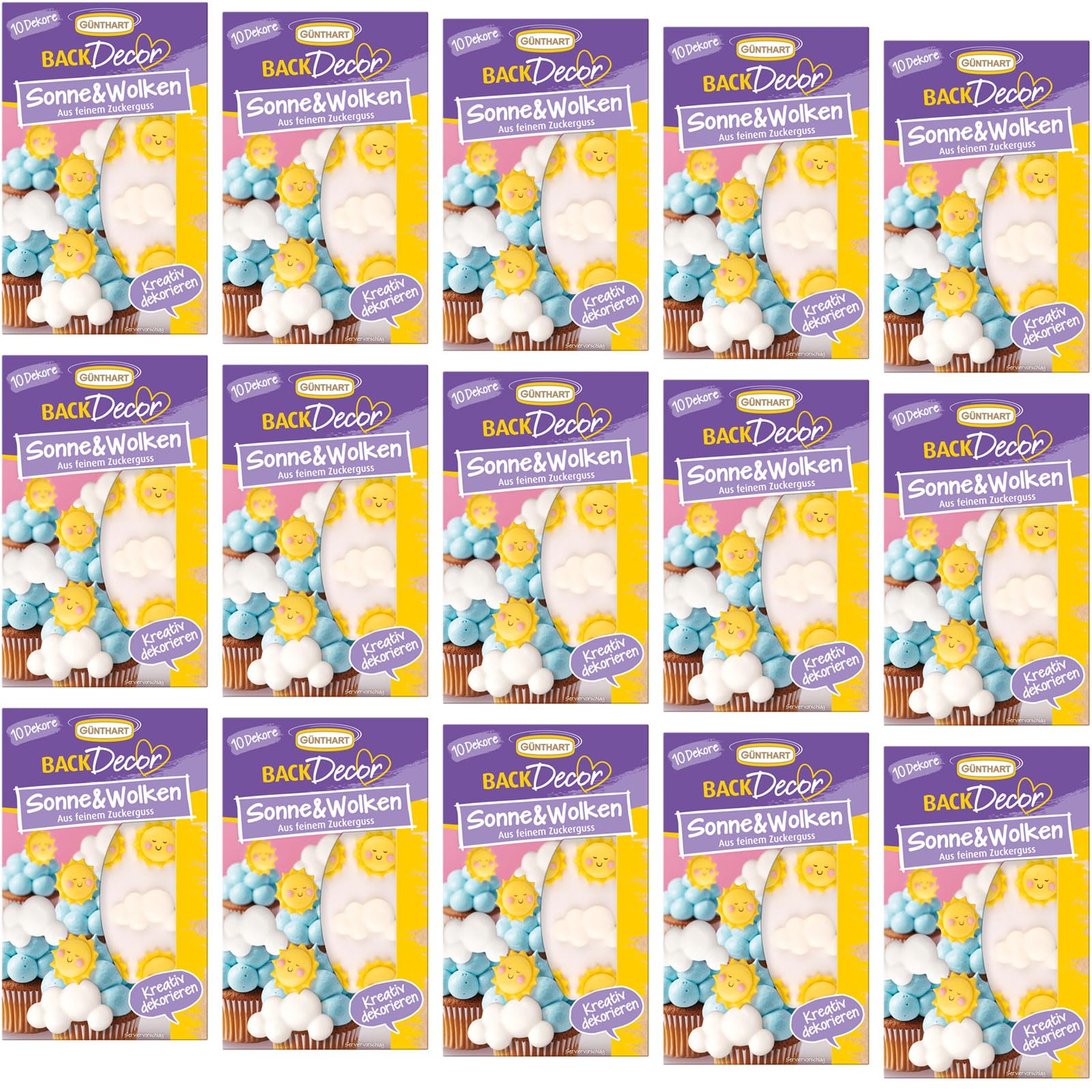 Günthart BackDecor VKE 15 x 10 Stück Sonne und Wolken aus Zucker, essbar, mit lustigen Aufdruck, 1er Set (150 Stück)