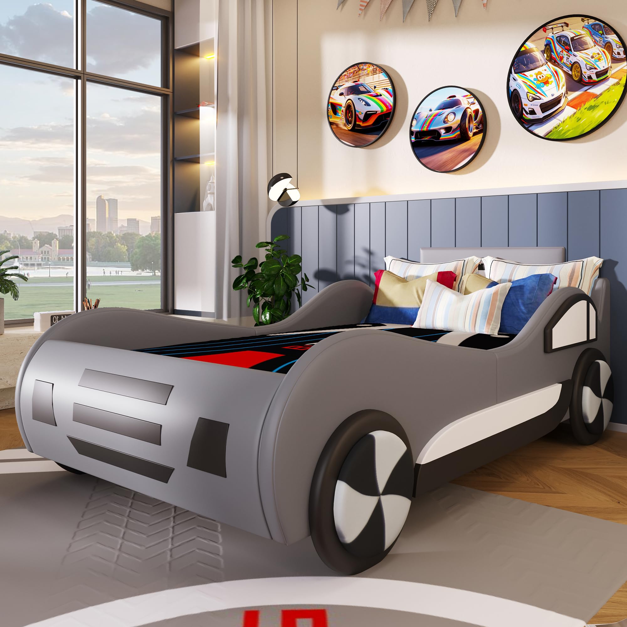 Azkoeesy Cama Coche Tapizada Infantil 90x200 cm, con Somier y Almacenamiento, Barandilla de Protección, Tejido PU, Color Gris
