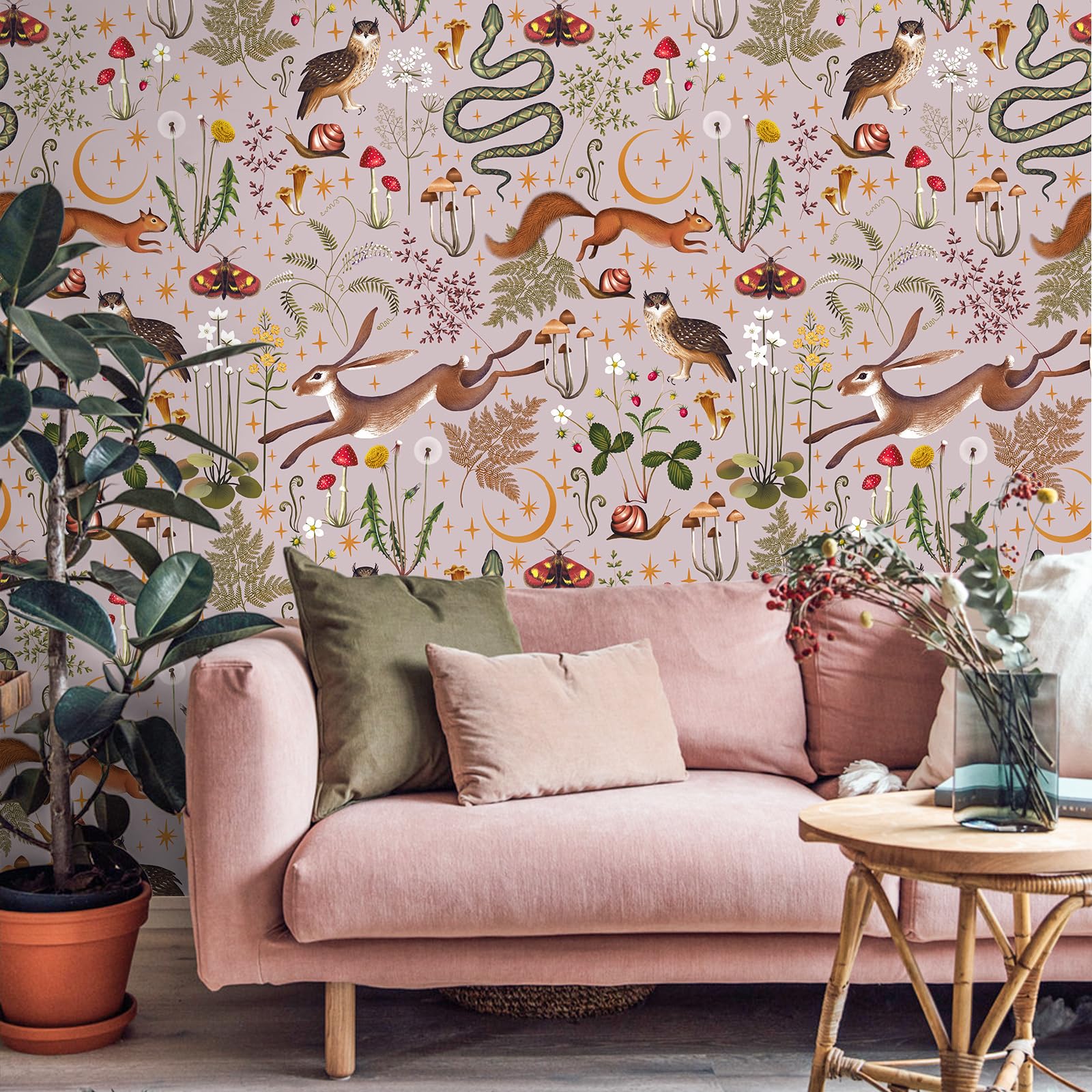 VEELIKE Pink Fairytale Forest Wallpaper, Jungle Animal Mushroom Tropical Leaf Contact Paper, Moon Stars Wall Mural - Image 3