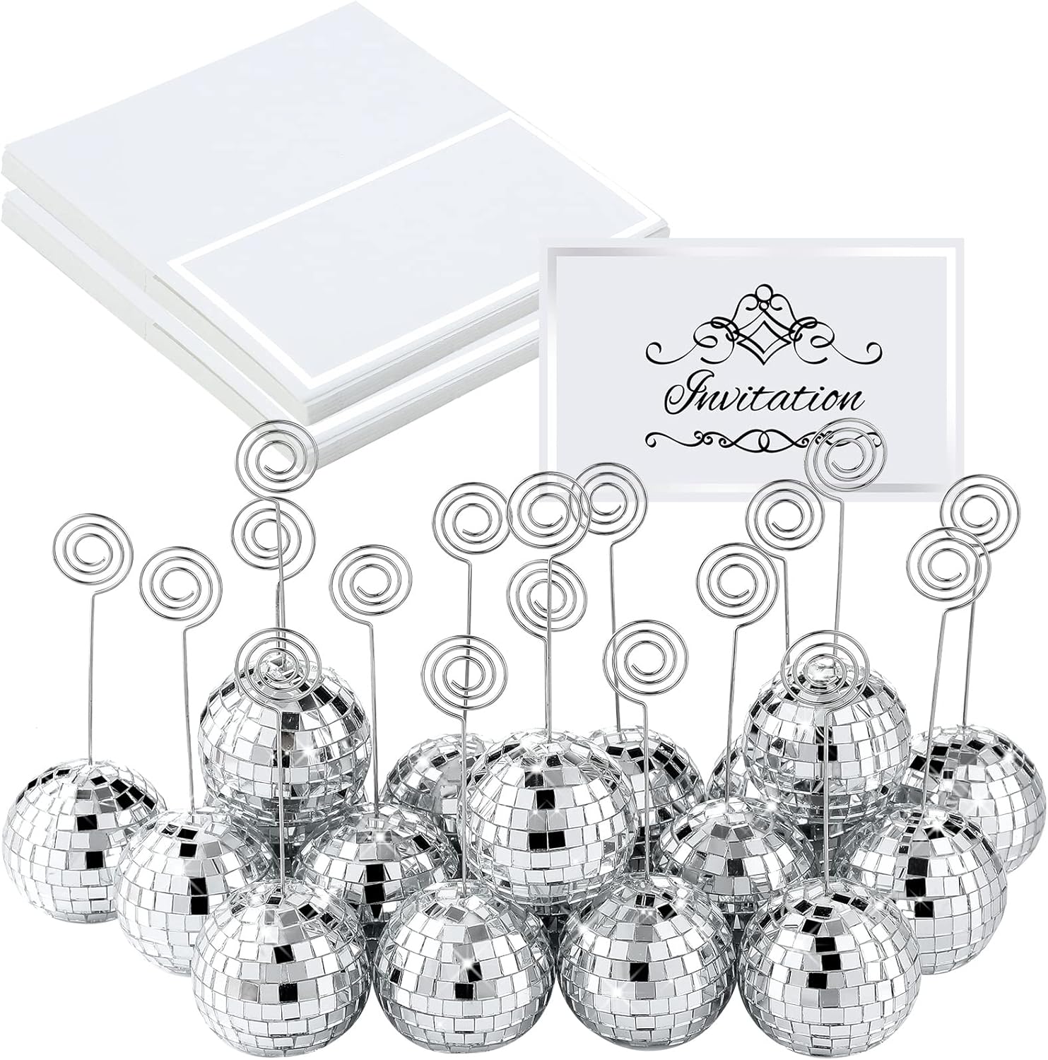 Maitys 60 Pcs Disco Ball Table Number Holders Silver Place Card Holder with Swirl