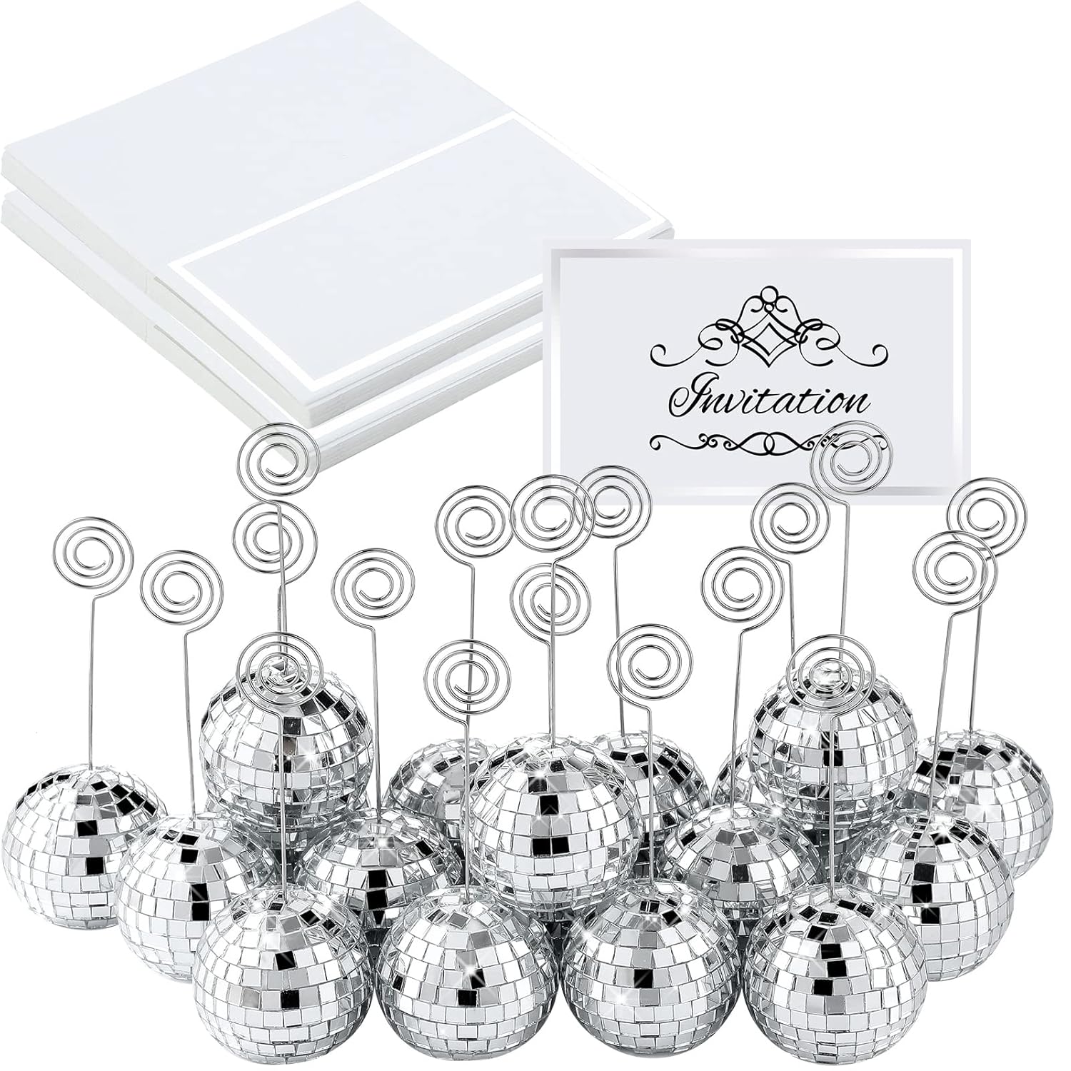 120 Pcs Disco Ball Table Number Holders Silver Place Card Holder with Swirl Wire