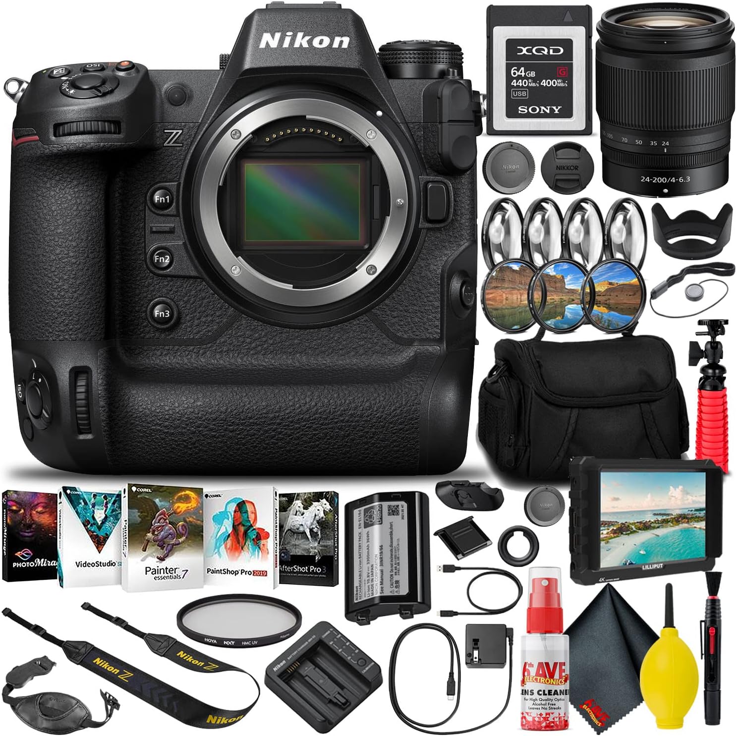 Nikon Z9 FX-Format Mirrorless Camera Body (1669) + 24-200mm f/4-6.3 VR Lens + 64GB XQD Memory Card + 7″ HD Monitor + Editing Software + Camera Bag + Pro Filter Kit + 12″ Tripod (Renewed)