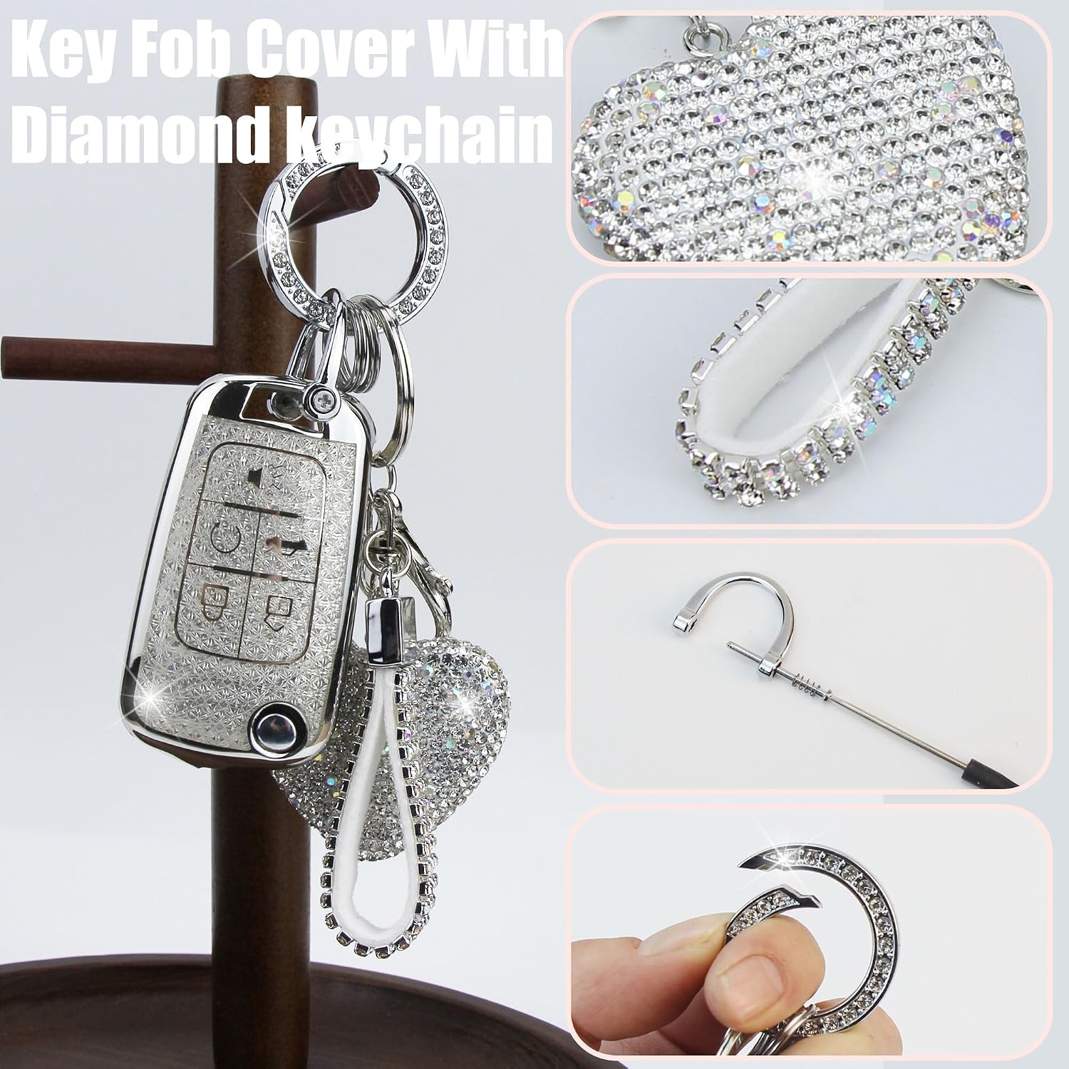 Key Fob Cover with Diamond Keychain for Women, Car Key Holder Compatible with Chevy Cruze Camaro Malibu Equinox Impala GMC Buick Encore Regal Flip Folding Protector, 5 Buttons (Silver-Heart)