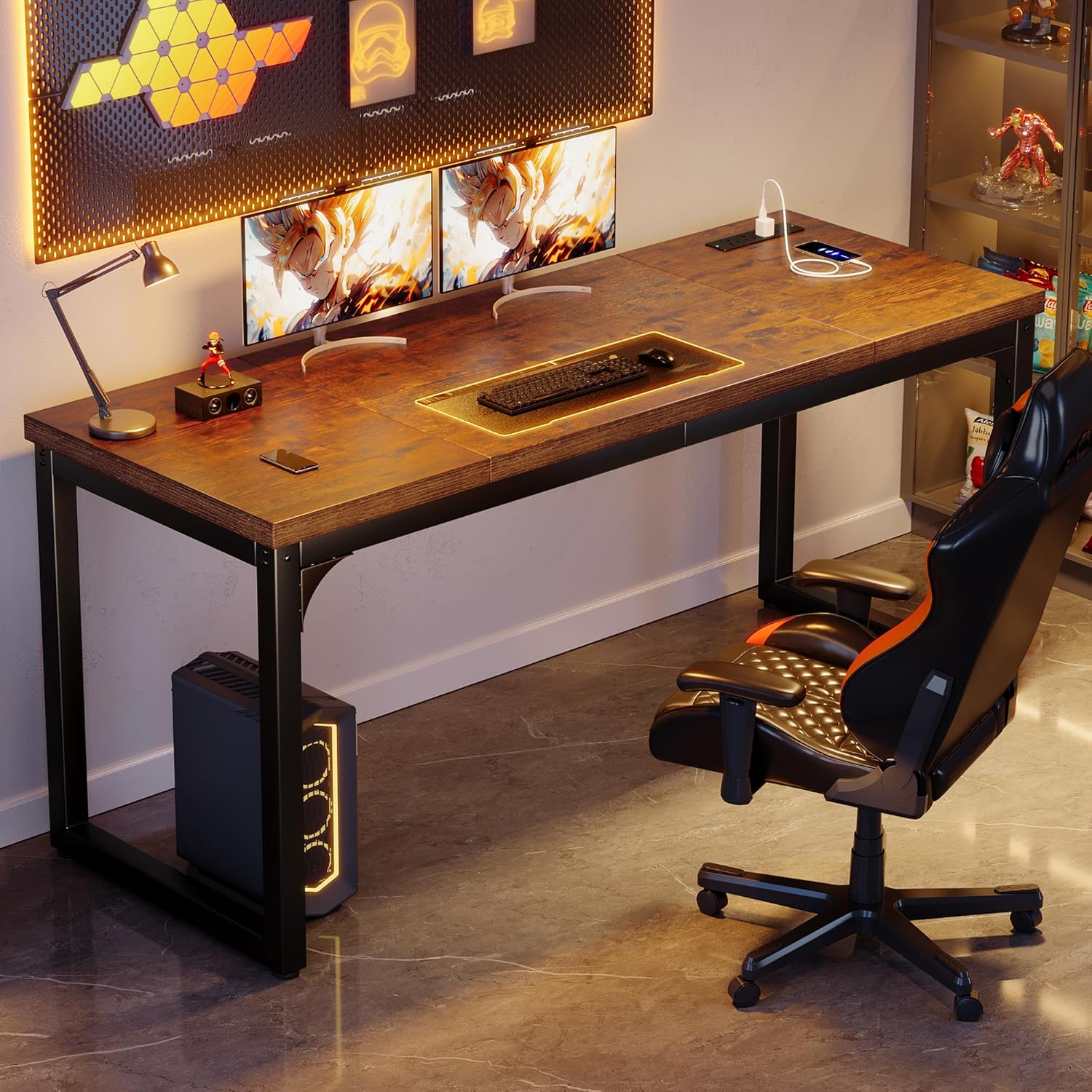 Computer Desk with Power Outlets, 63 Inch Large Home Office Desk with Deeper & Thicker Desktop Modern Gaming Desk Study Writing Work Desk, Metal Frame, Rustic Brown