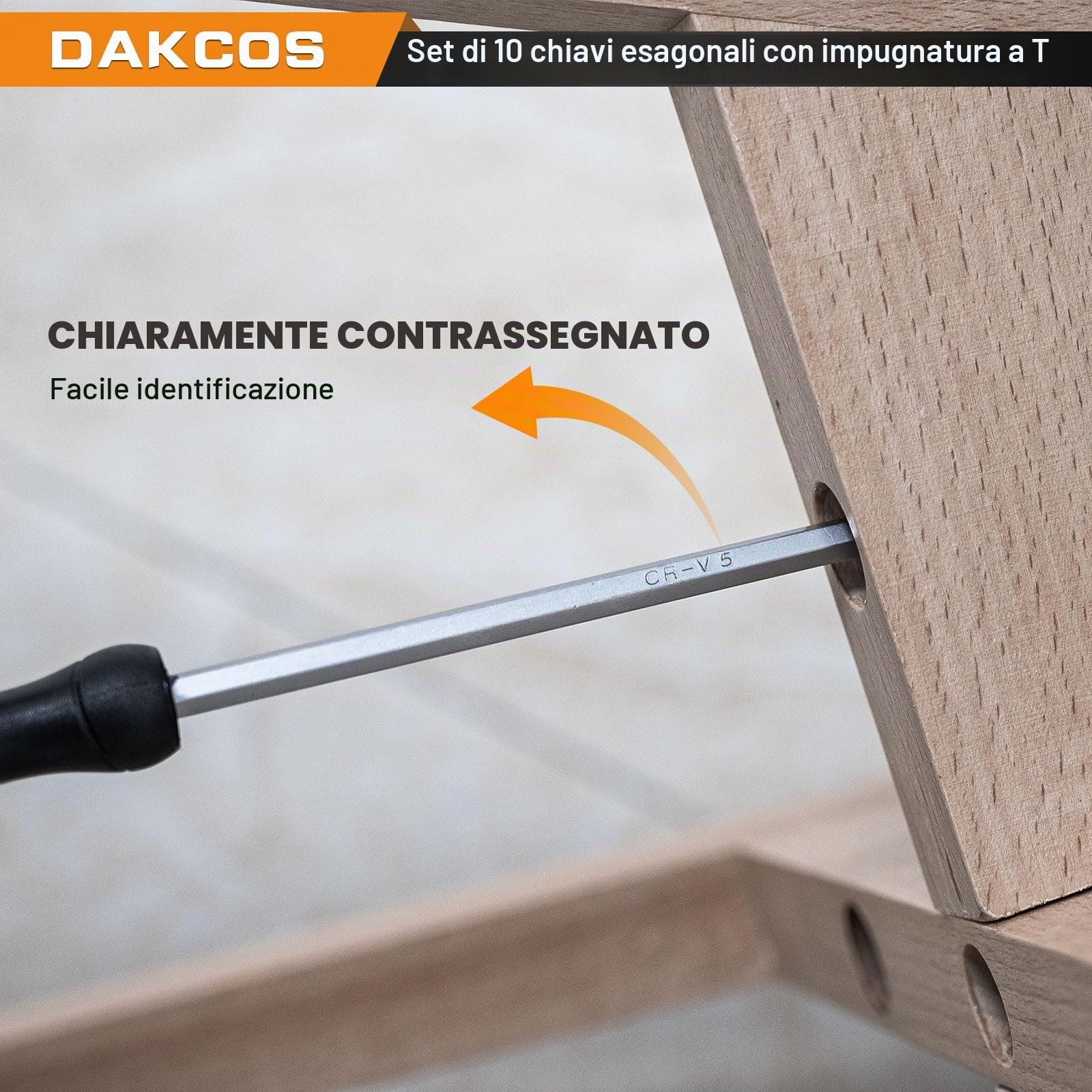 DAKCOS Set di 10 chiavi a brugola con impugnatura a T, con manico a T, metriche da 2 a 10 mm, con portapacchi, Cr-V